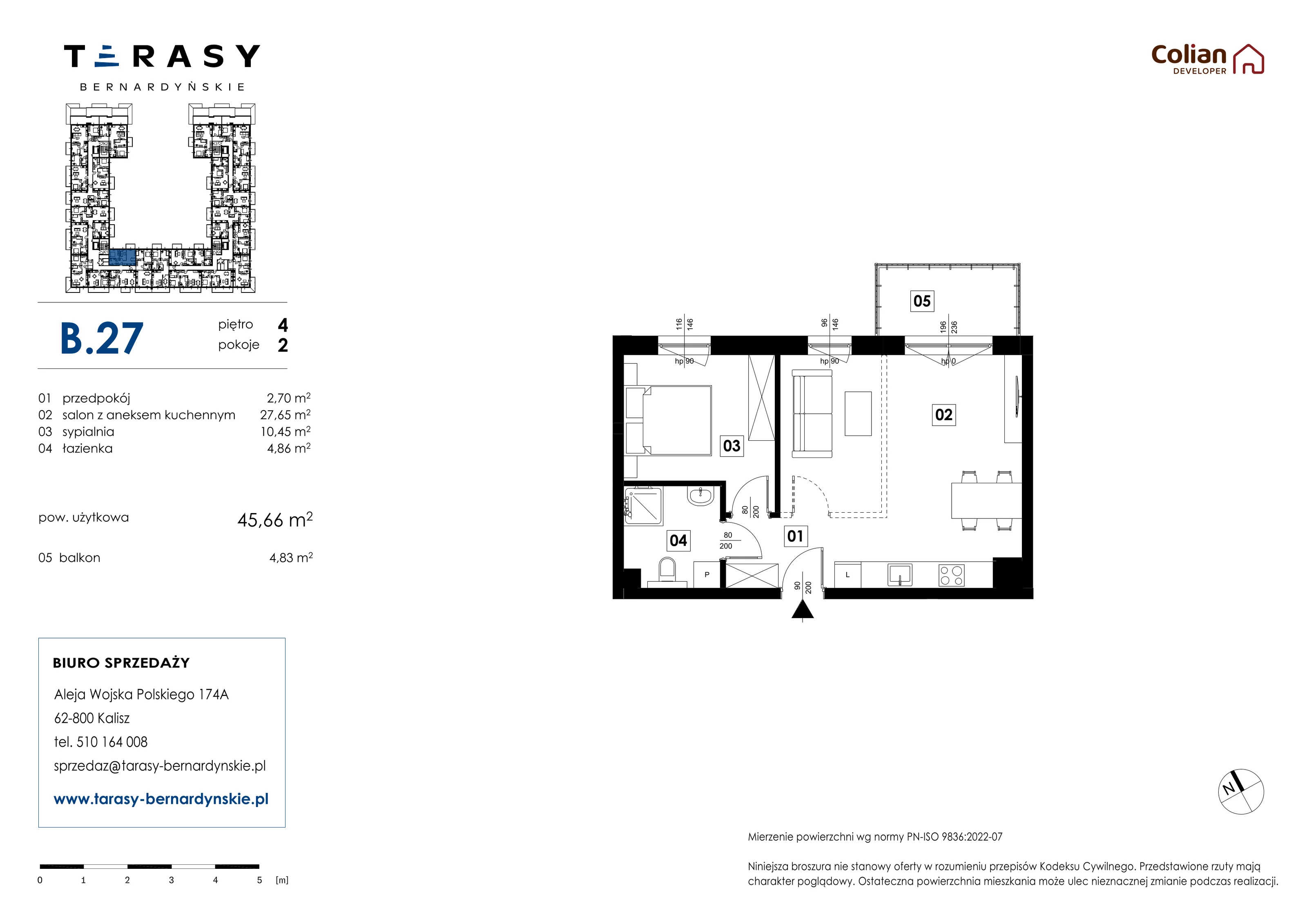 2 pokoje, mieszkanie 45,66 m², piętro 4, oferta nr B.27, Tarasy Bernardyńskie, Kalisz, Śródmieście, ul. Kazimierza Mystkowskiego
