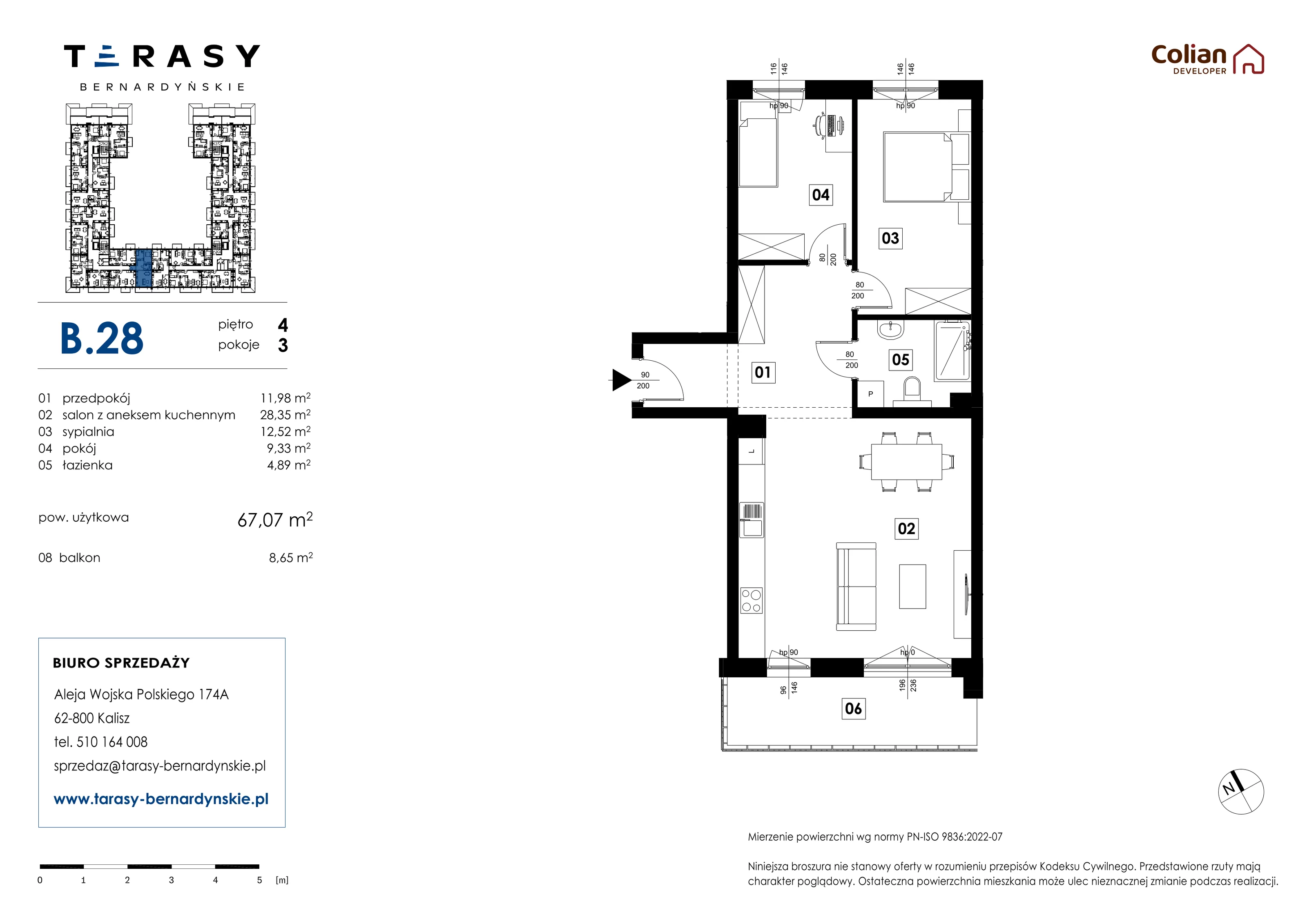 3 pokoje, mieszkanie 67,07 m², piętro 4, oferta nr B.28, Tarasy Bernardyńskie, Kalisz, Śródmieście, ul. Kazimierza Mystkowskiego