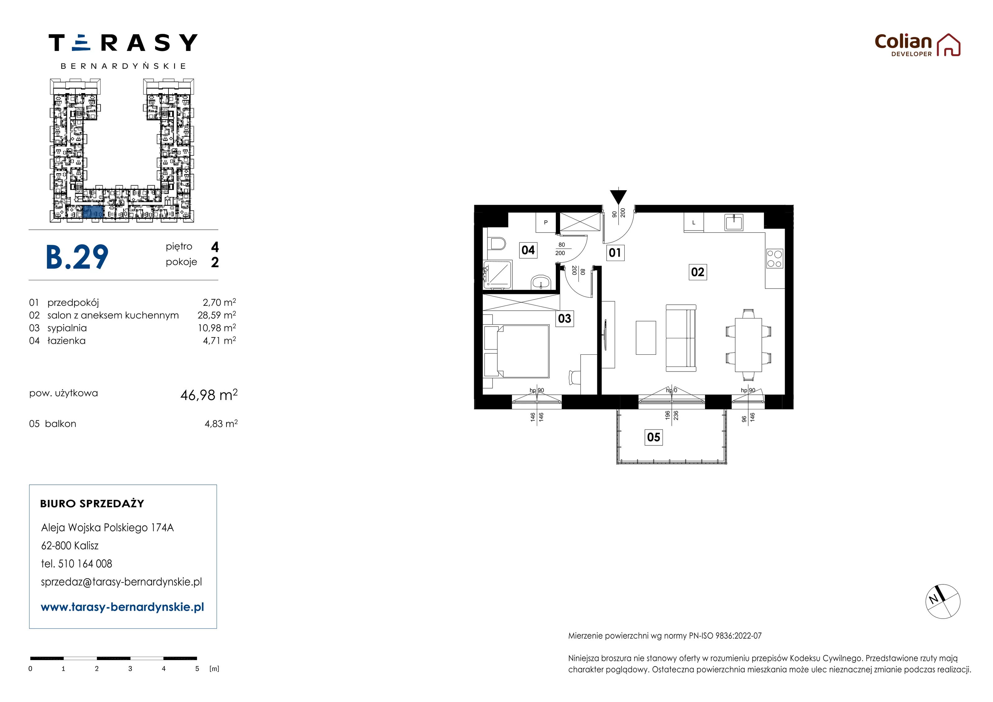 2 pokoje, mieszkanie 46,98 m², piętro 4, oferta nr B.29, Tarasy Bernardyńskie, Kalisz, Śródmieście, ul. Kazimierza Mystkowskiego