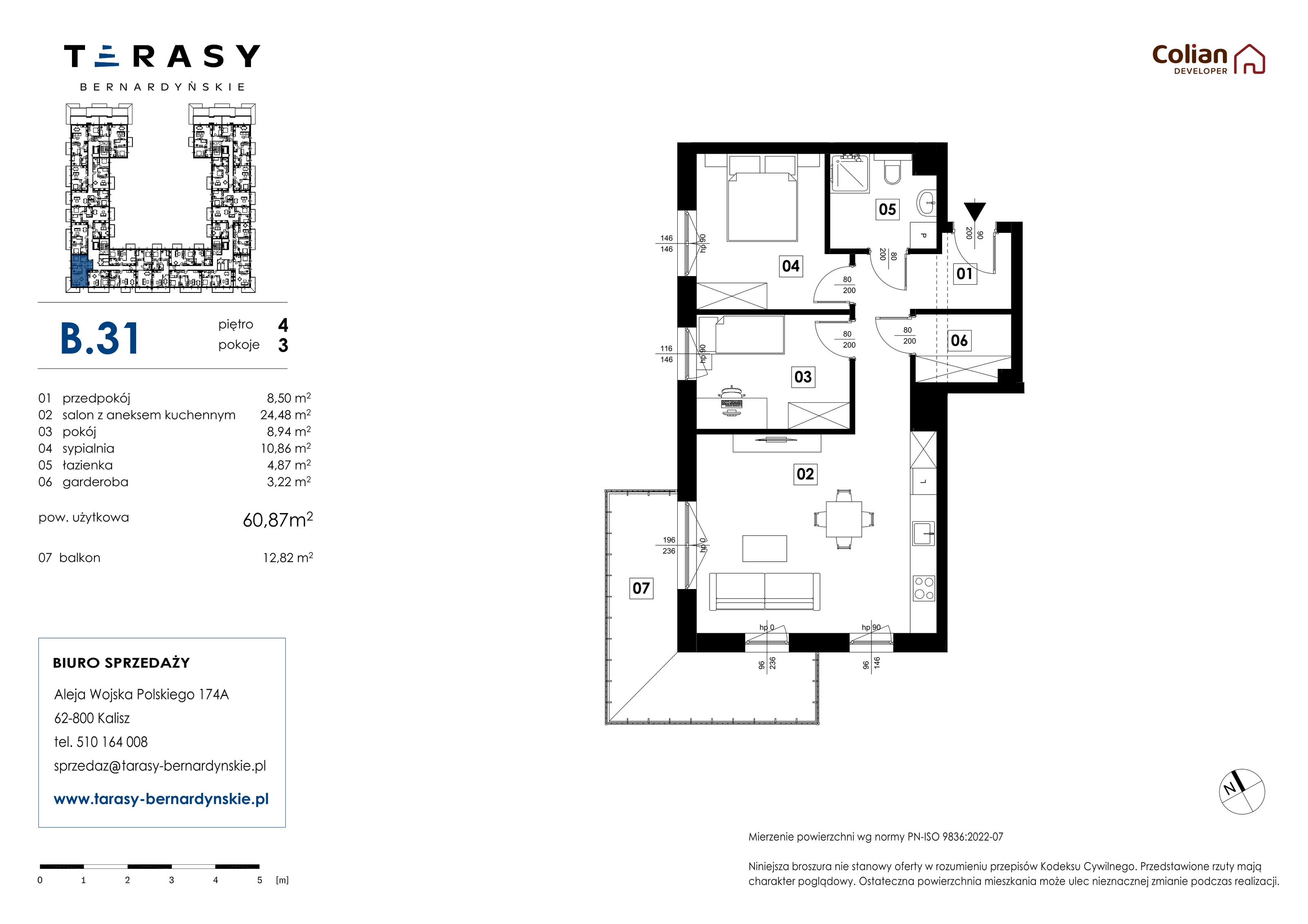 3 pokoje, mieszkanie 60,87 m², piętro 4, oferta nr B.31, Tarasy Bernardyńskie, Kalisz, Śródmieście, ul. Kazimierza Mystkowskiego