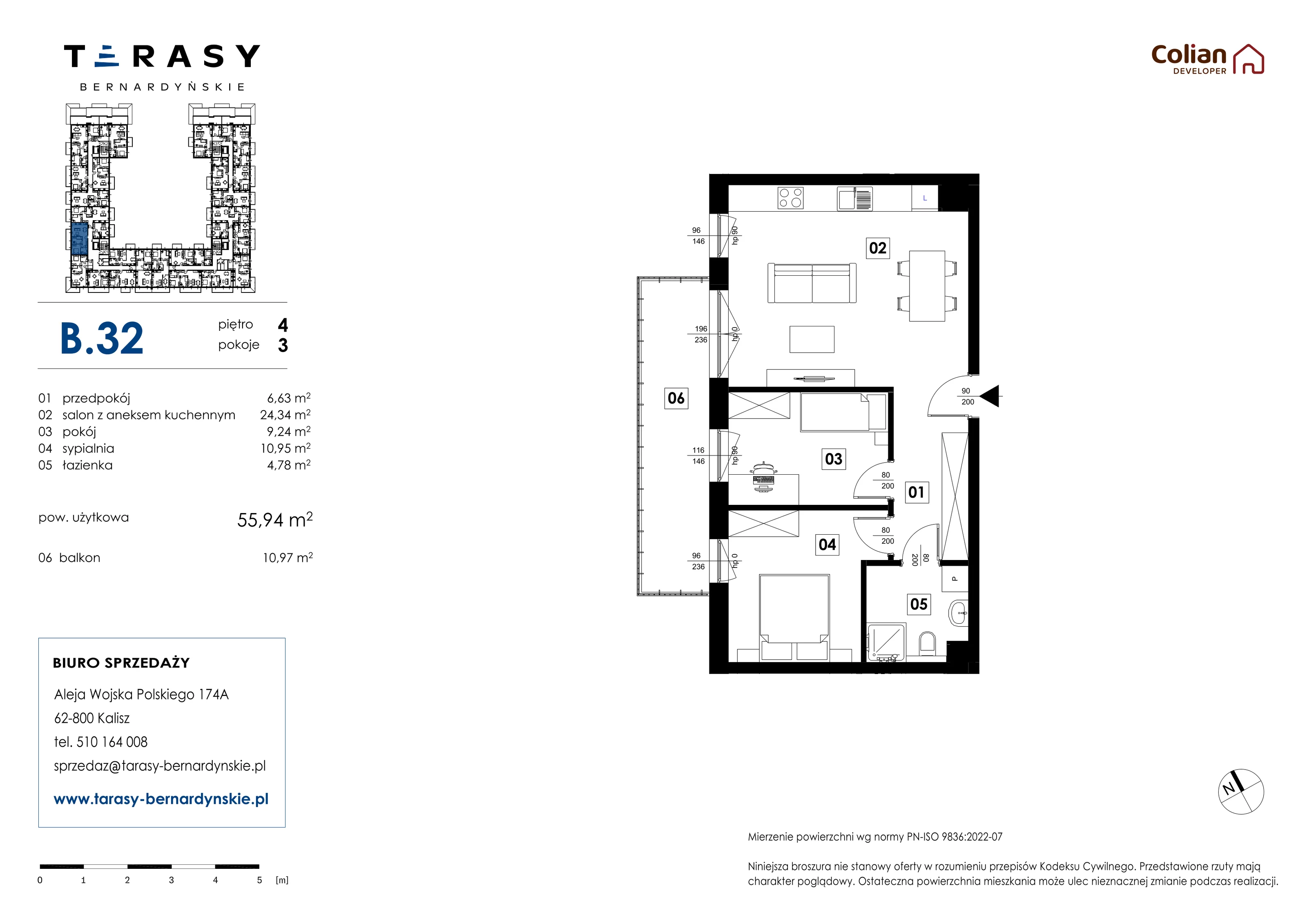 3 pokoje, mieszkanie 55,94 m², piętro 4, oferta nr B.32, Tarasy Bernardyńskie, Kalisz, Śródmieście, ul. Kazimierza Mystkowskiego