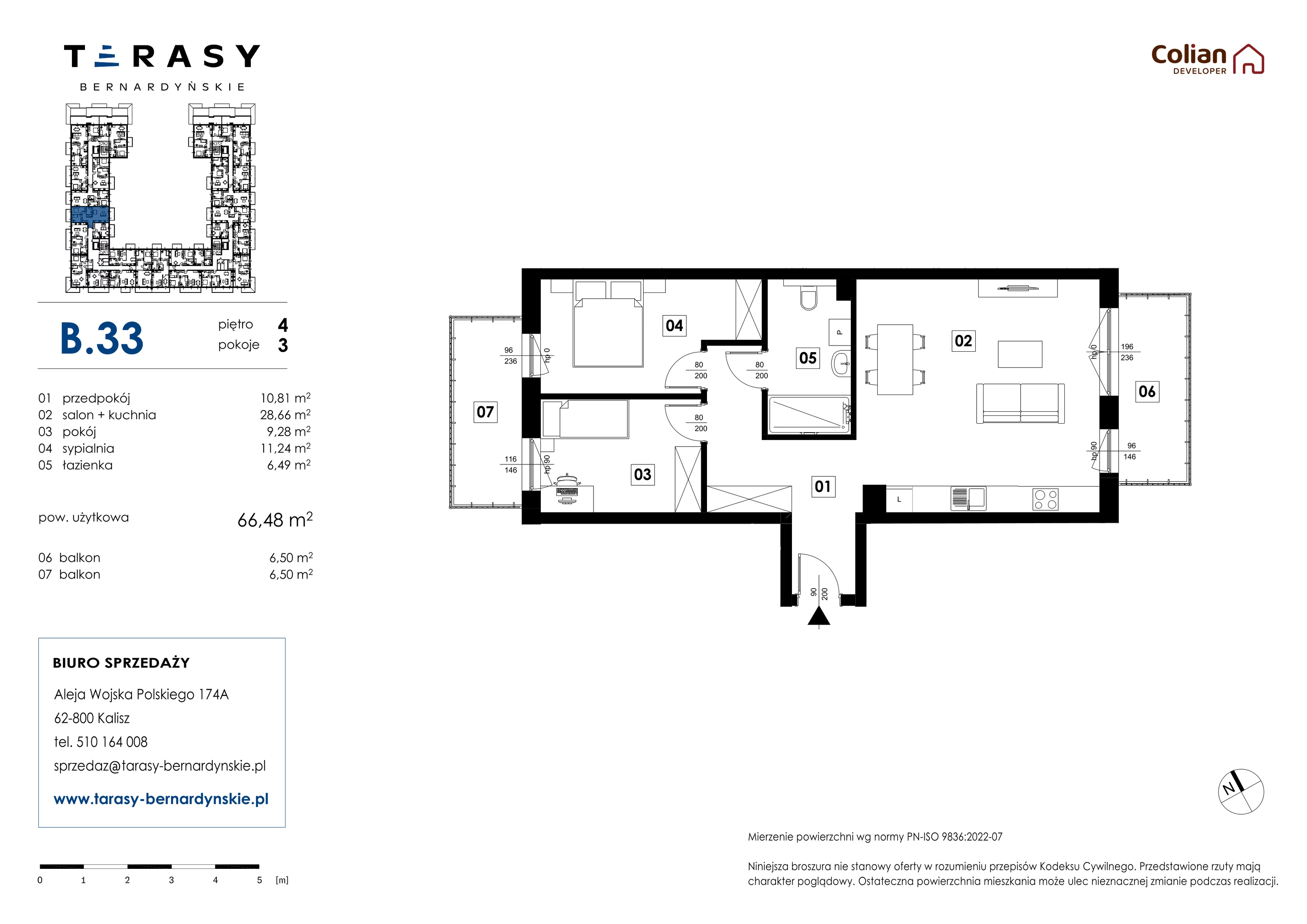 3 pokoje, mieszkanie 66,48 m², piętro 4, oferta nr B.33, Tarasy Bernardyńskie, Kalisz, Śródmieście, ul. Kazimierza Mystkowskiego