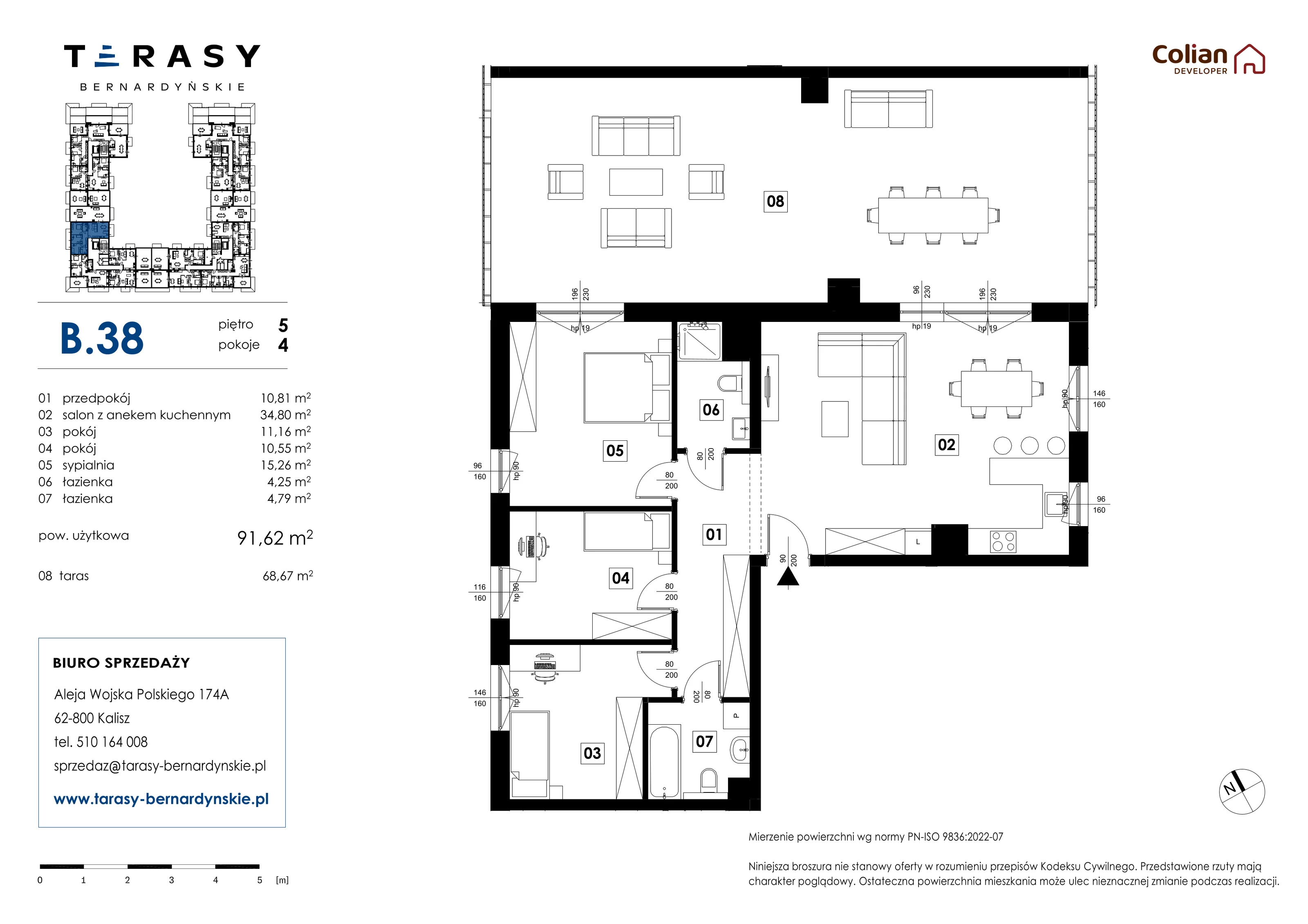 4 pokoje, mieszkanie 91,62 m², piętro 5, oferta nr B.38, Tarasy Bernardyńskie, Kalisz, Śródmieście, ul. Kazimierza Mystkowskiego