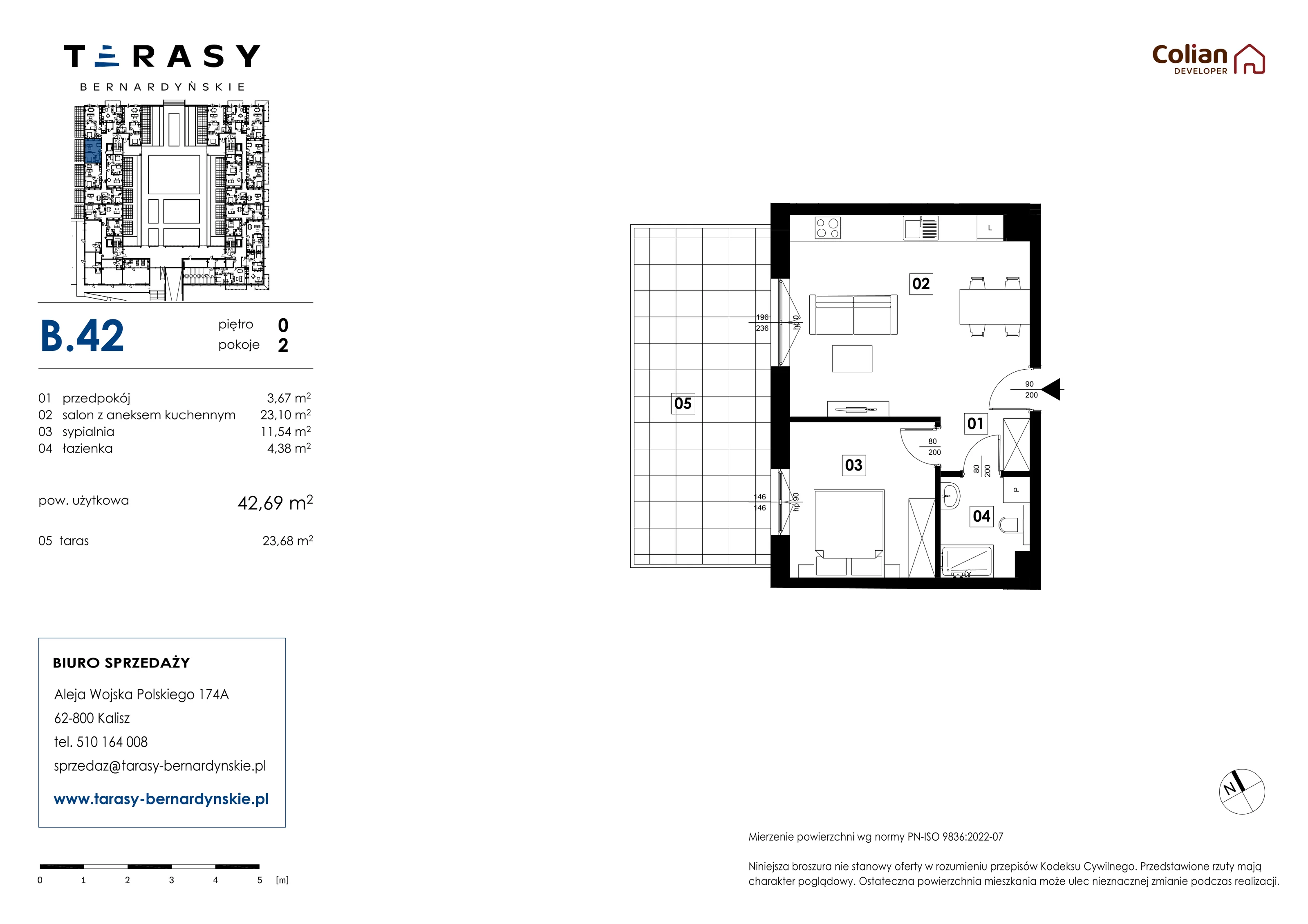 2 pokoje, mieszkanie 42,69 m², parter, oferta nr B.42, Tarasy Bernardyńskie, Kalisz, Śródmieście, ul. Kazimierza Mystkowskiego