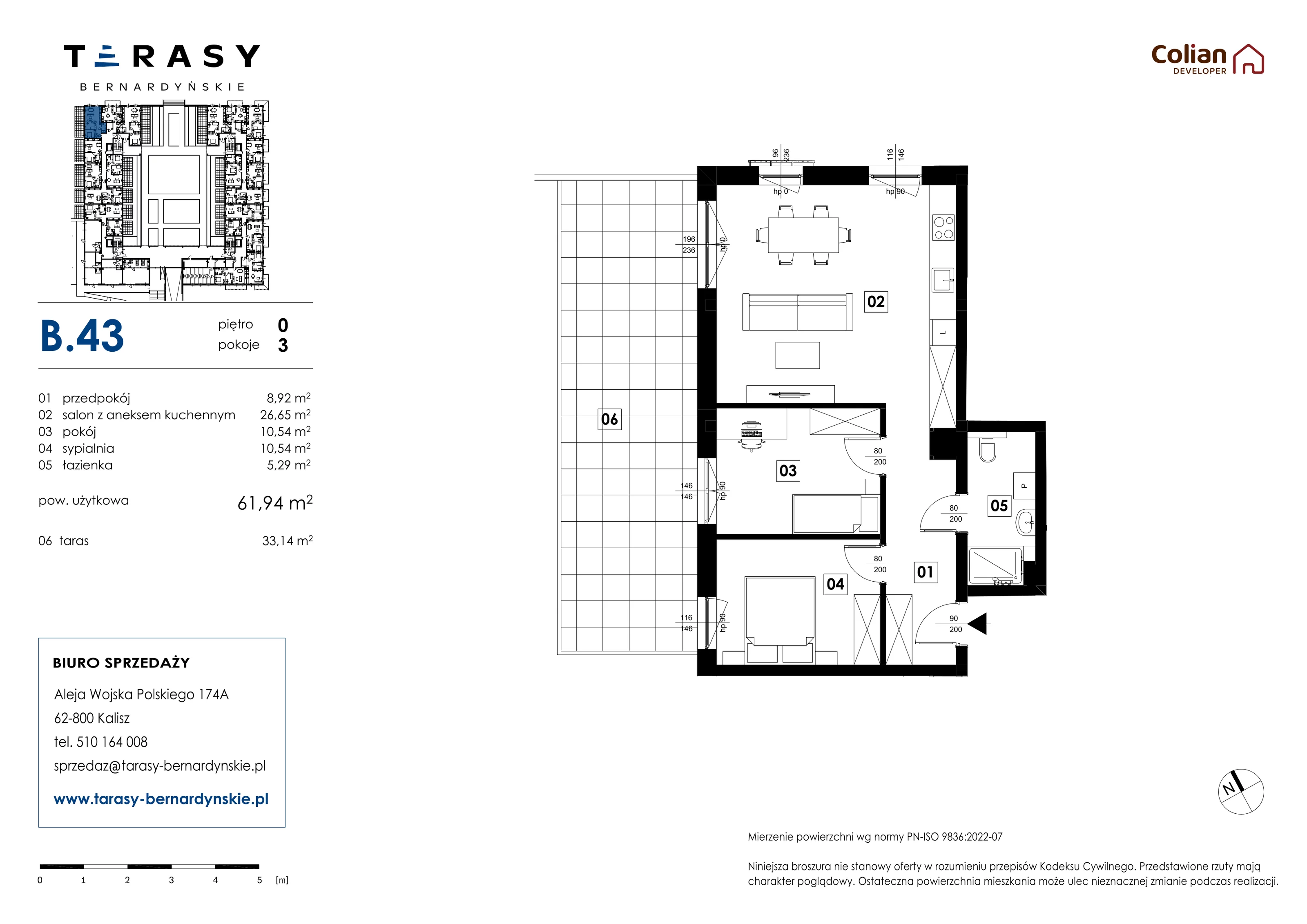 3 pokoje, mieszkanie 61,94 m², parter, oferta nr B.43, Tarasy Bernardyńskie, Kalisz, Śródmieście, ul. Kazimierza Mystkowskiego
