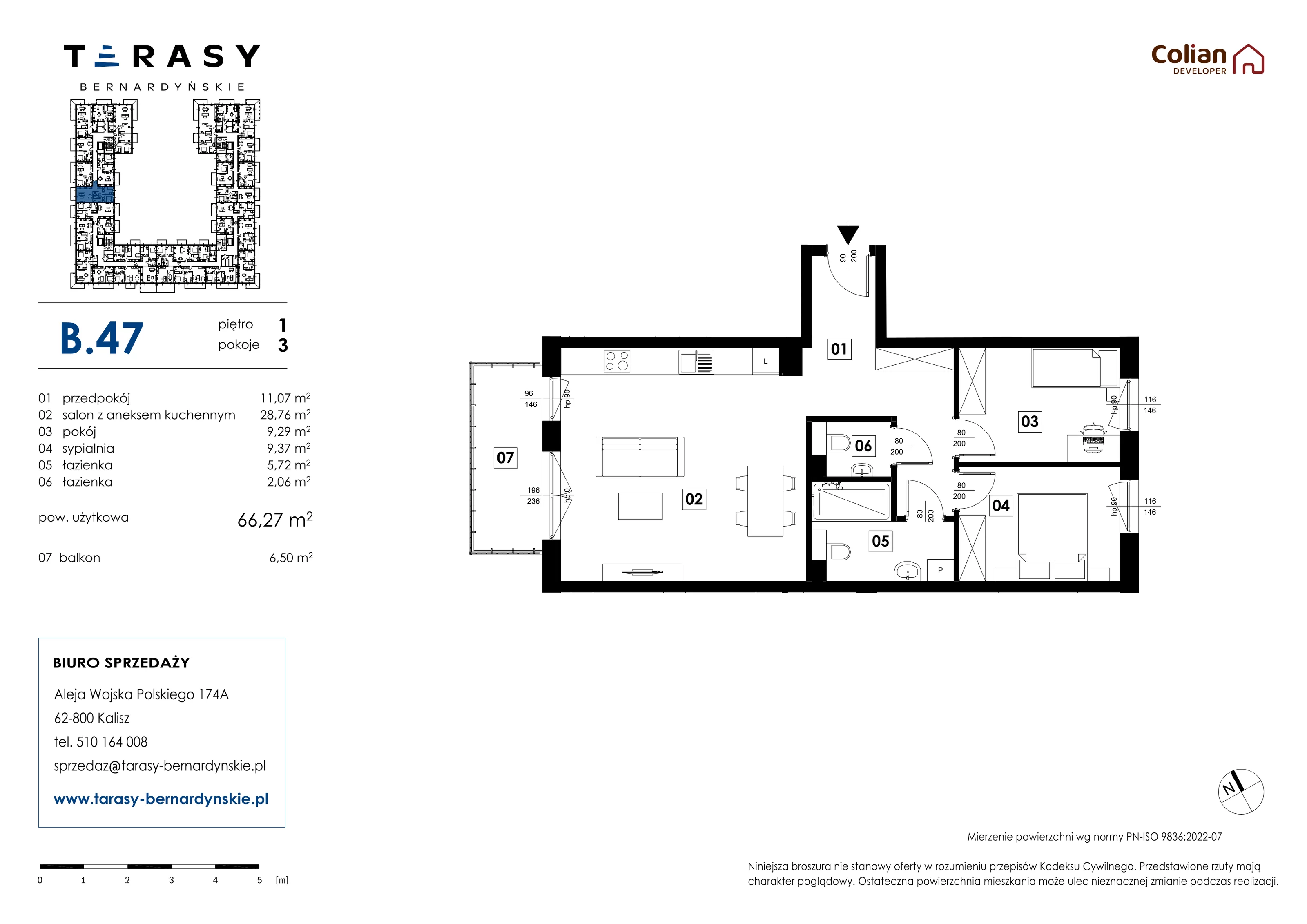 3 pokoje, mieszkanie 66,27 m², piętro 1, oferta nr B.47, Tarasy Bernardyńskie, Kalisz, Śródmieście, ul. Kazimierza Mystkowskiego
