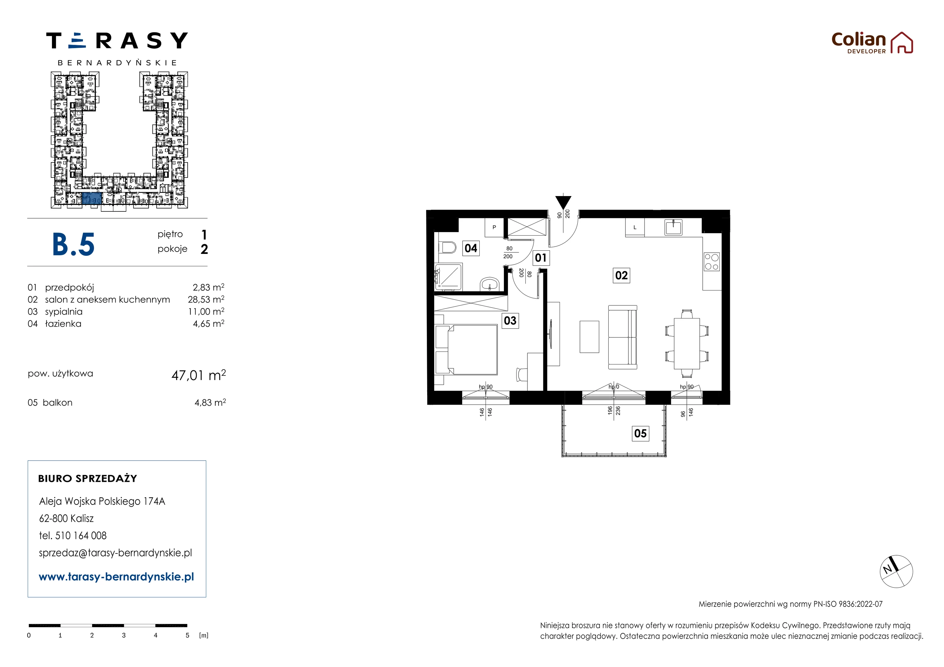 2 pokoje, mieszkanie 47,01 m², piętro 1, oferta nr B.5, Tarasy Bernardyńskie, Kalisz, Śródmieście, ul. Kazimierza Mystkowskiego