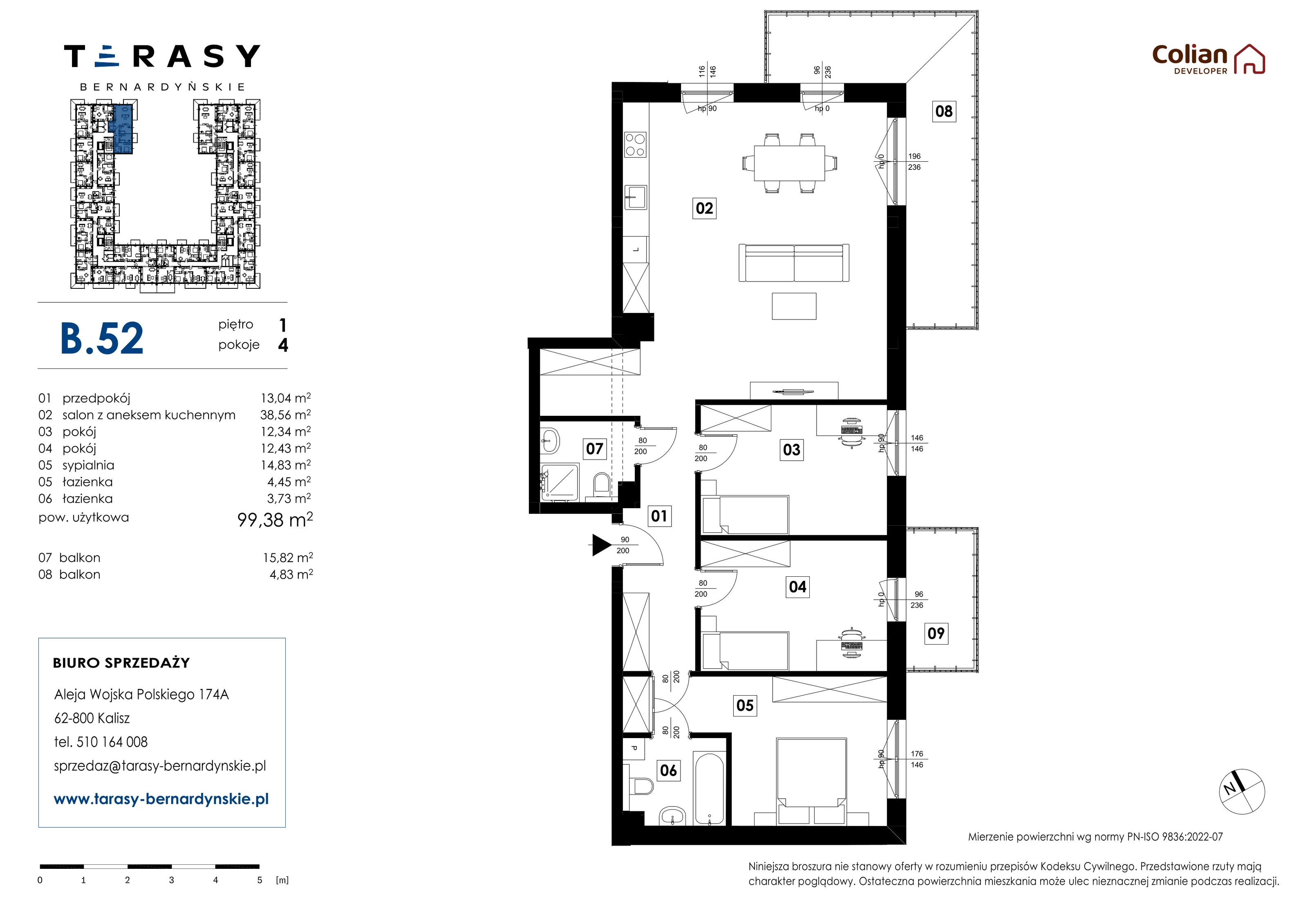 4 pokoje, mieszkanie 99,38 m², piętro 1, oferta nr B.52, Tarasy Bernardyńskie, Kalisz, Śródmieście, ul. Kazimierza Mystkowskiego