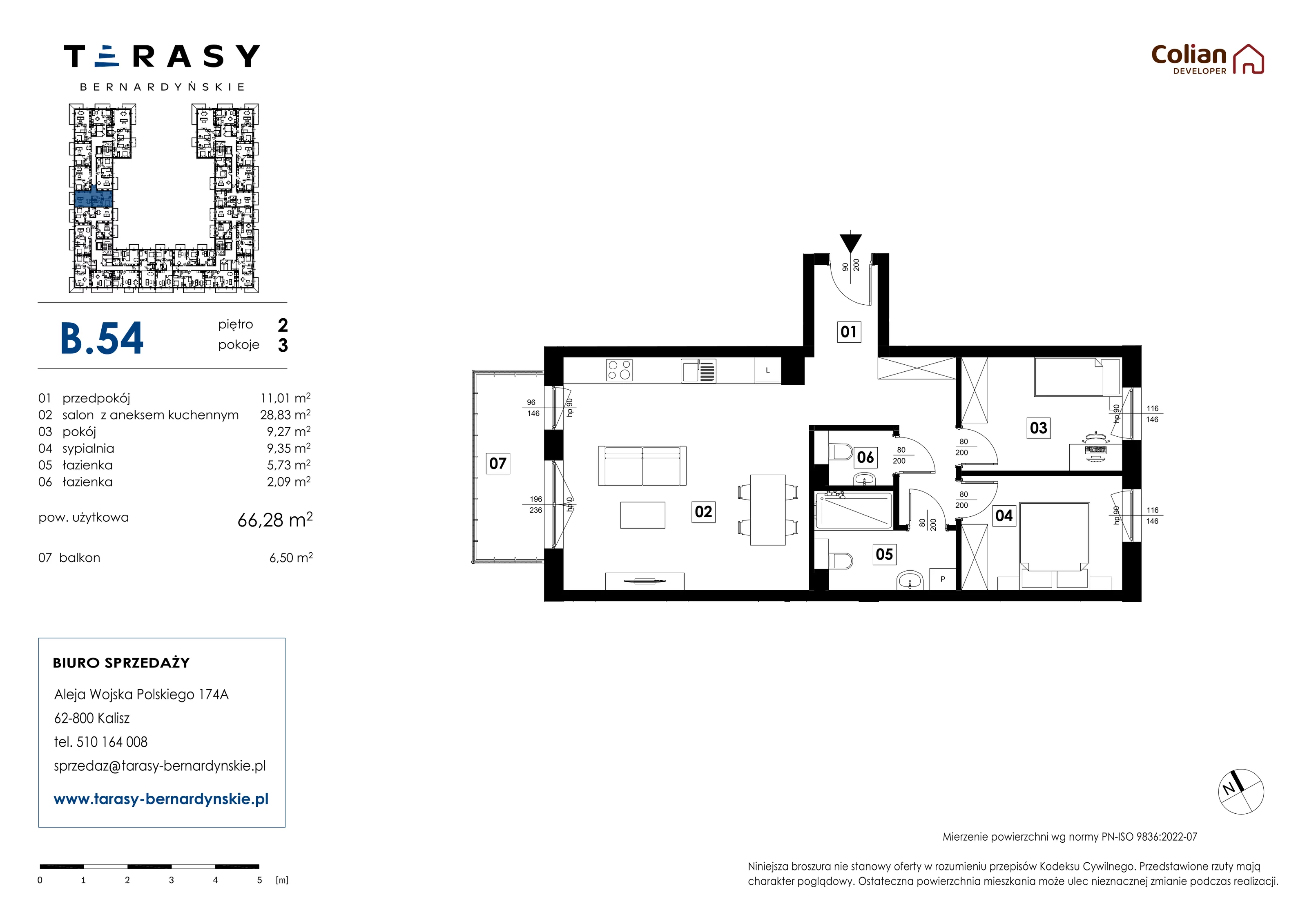 3 pokoje, mieszkanie 66,28 m², piętro 2, oferta nr B.54, Tarasy Bernardyńskie, Kalisz, Śródmieście, ul. Kazimierza Mystkowskiego