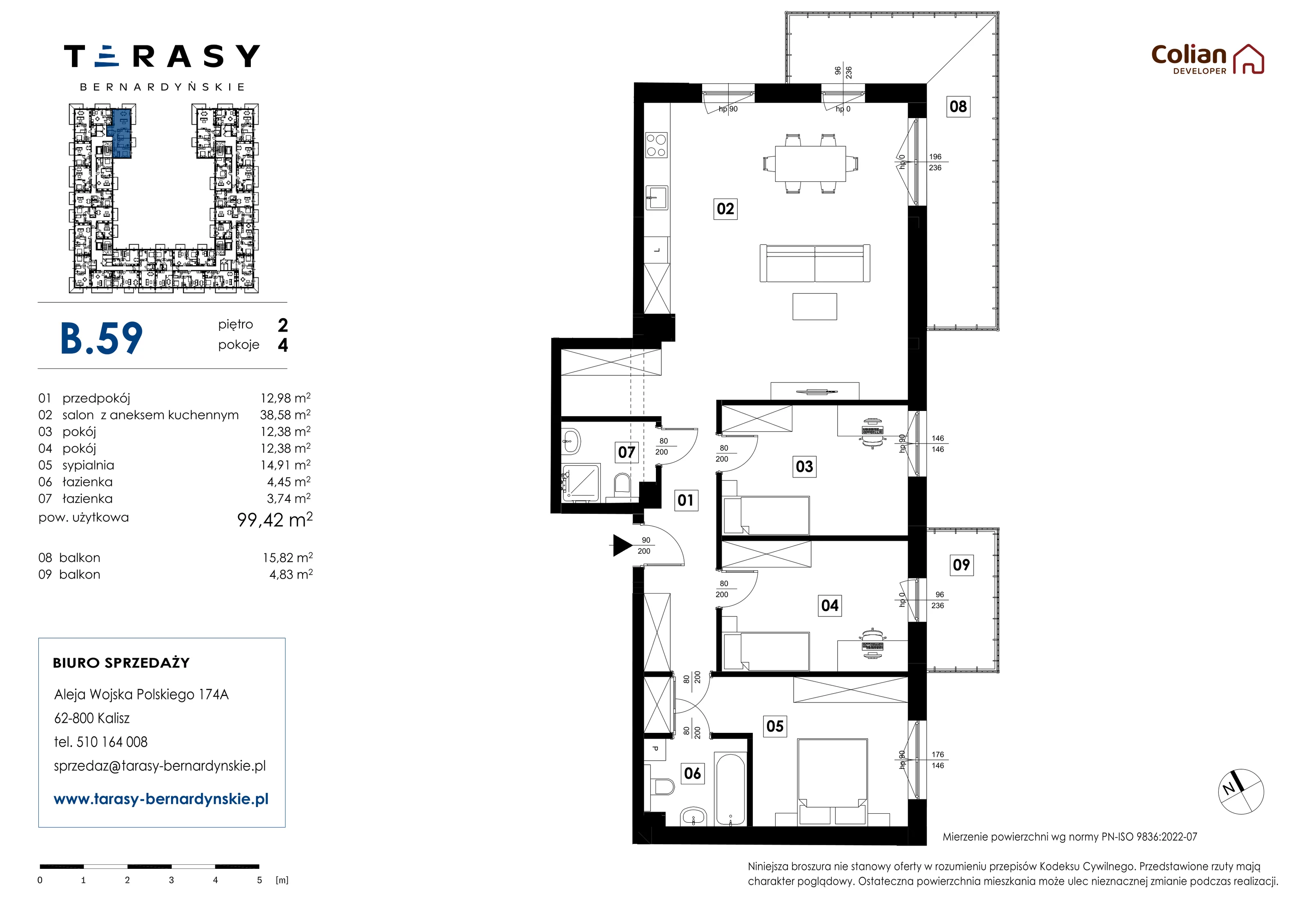 4 pokoje, mieszkanie 99,42 m², piętro 2, oferta nr B.59, Tarasy Bernardyńskie, Kalisz, Śródmieście, ul. Kazimierza Mystkowskiego