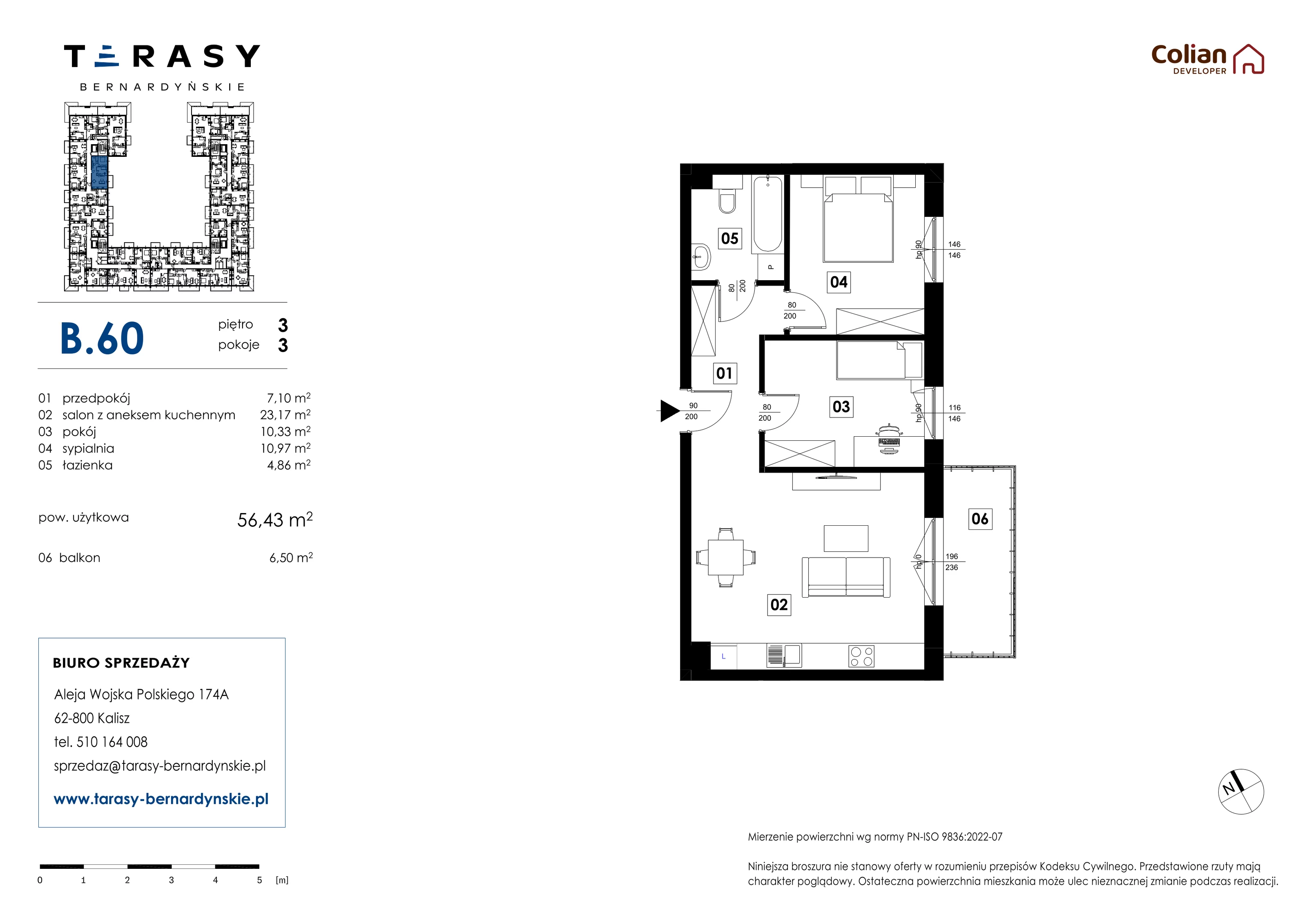 3 pokoje, mieszkanie 56,43 m², piętro 3, oferta nr B.60, Tarasy Bernardyńskie, Kalisz, Śródmieście, ul. Kazimierza Mystkowskiego