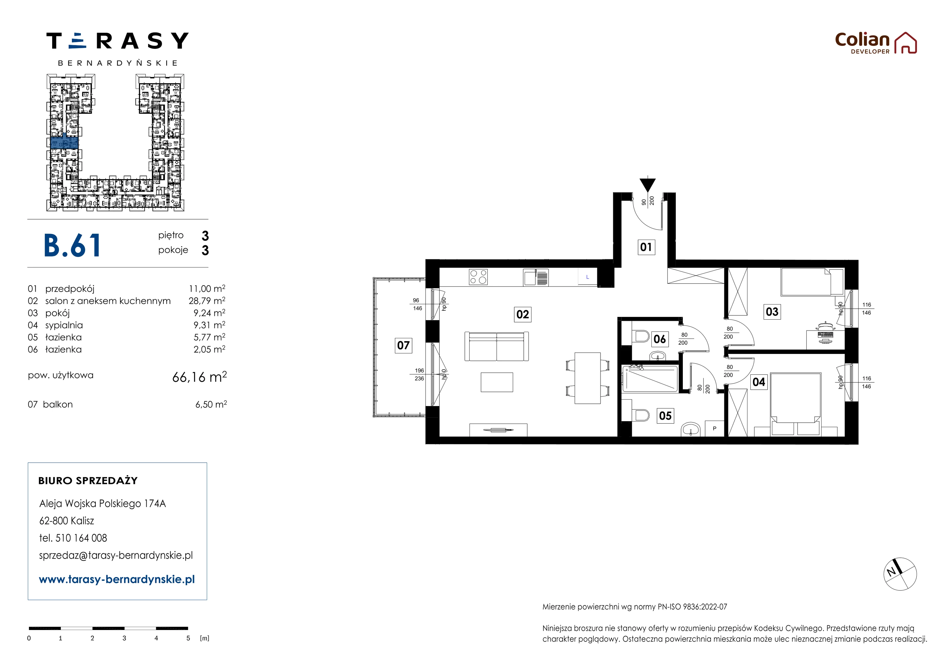 3 pokoje, mieszkanie 66,16 m², piętro 3, oferta nr B.61, Tarasy Bernardyńskie, Kalisz, Śródmieście, ul. Kazimierza Mystkowskiego