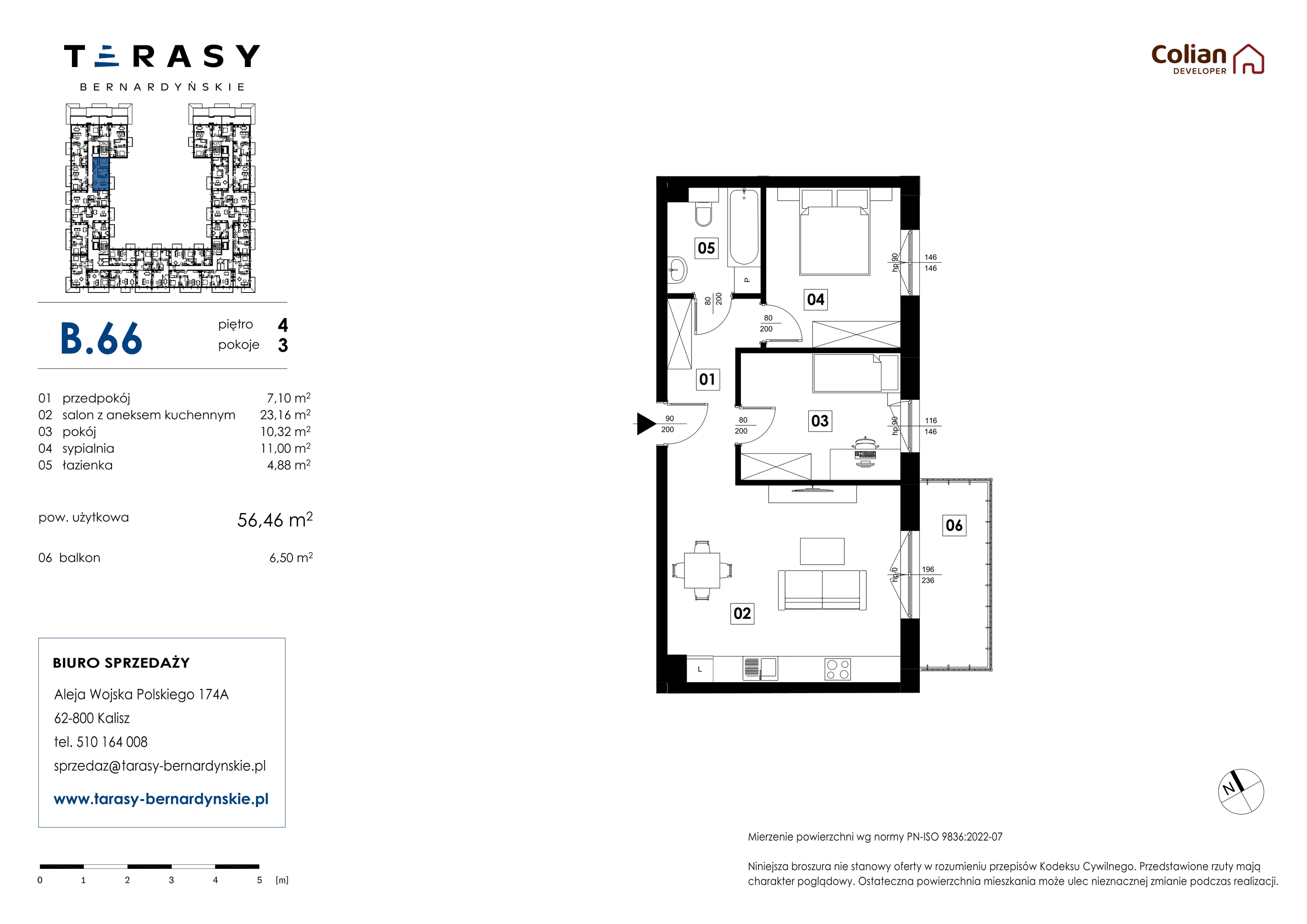 3 pokoje, mieszkanie 56,46 m², piętro 4, oferta nr B.66, Tarasy Bernardyńskie, Kalisz, Śródmieście, ul. Kazimierza Mystkowskiego