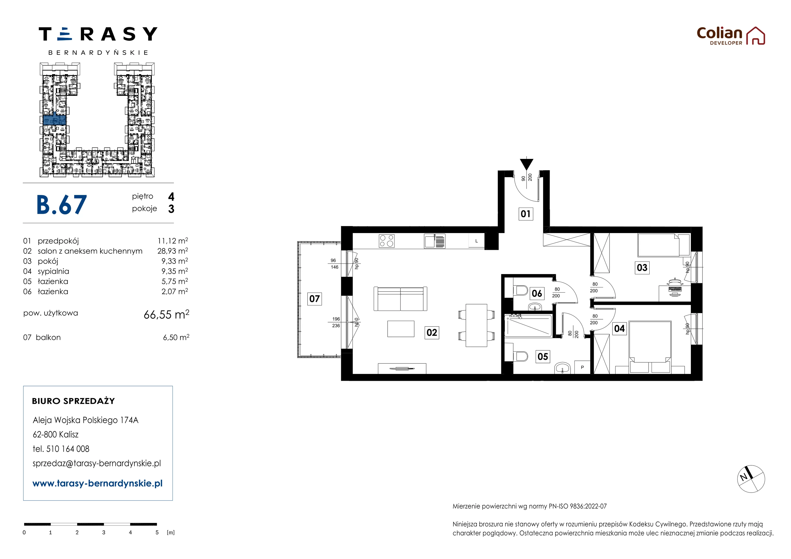 3 pokoje, mieszkanie 66,55 m², piętro 4, oferta nr B.67, Tarasy Bernardyńskie, Kalisz, Śródmieście, ul. Kazimierza Mystkowskiego