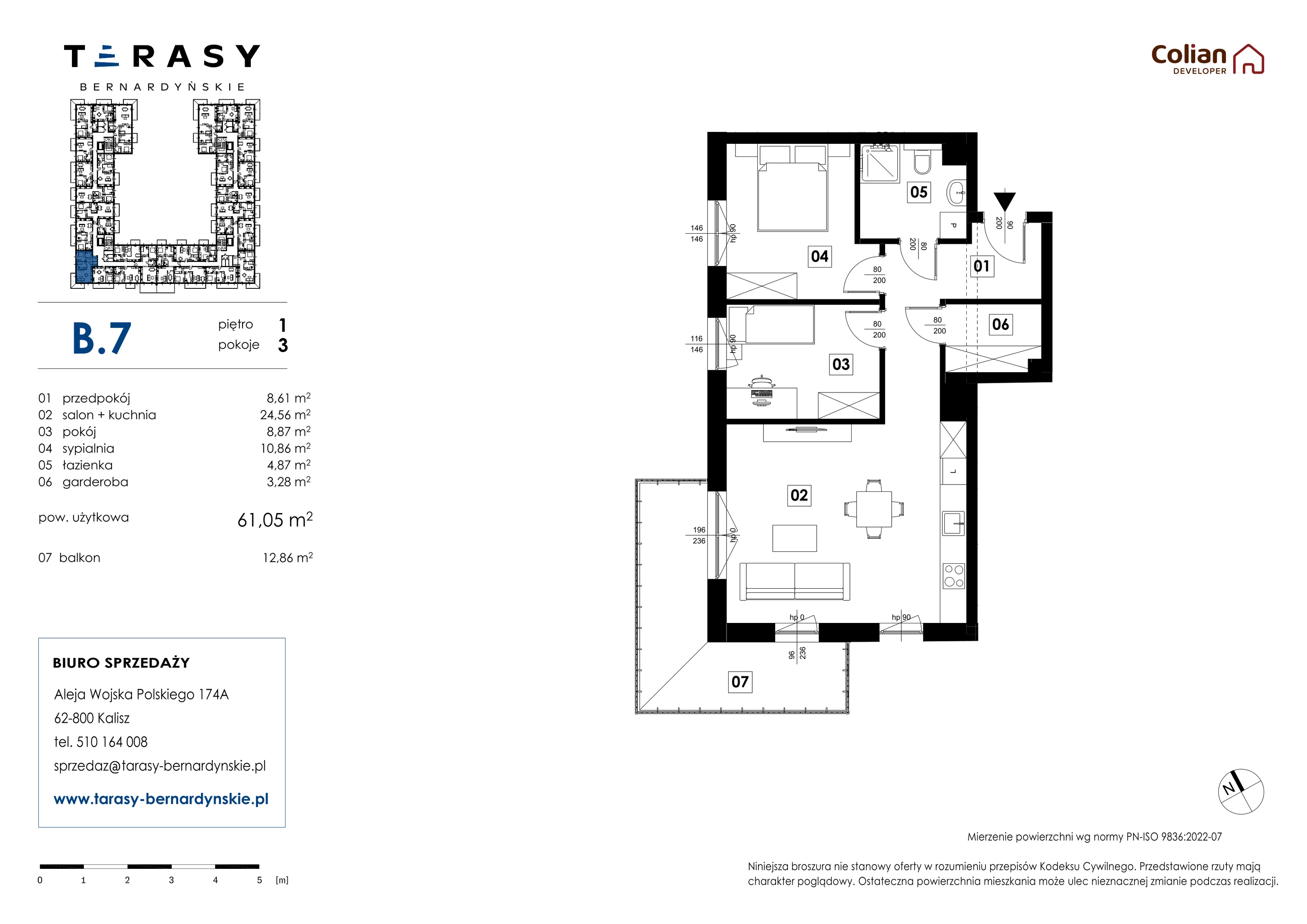 3 pokoje, mieszkanie 61,05 m², piętro 1, oferta nr B.7, Tarasy Bernardyńskie, Kalisz, Śródmieście, ul. Kazimierza Mystkowskiego