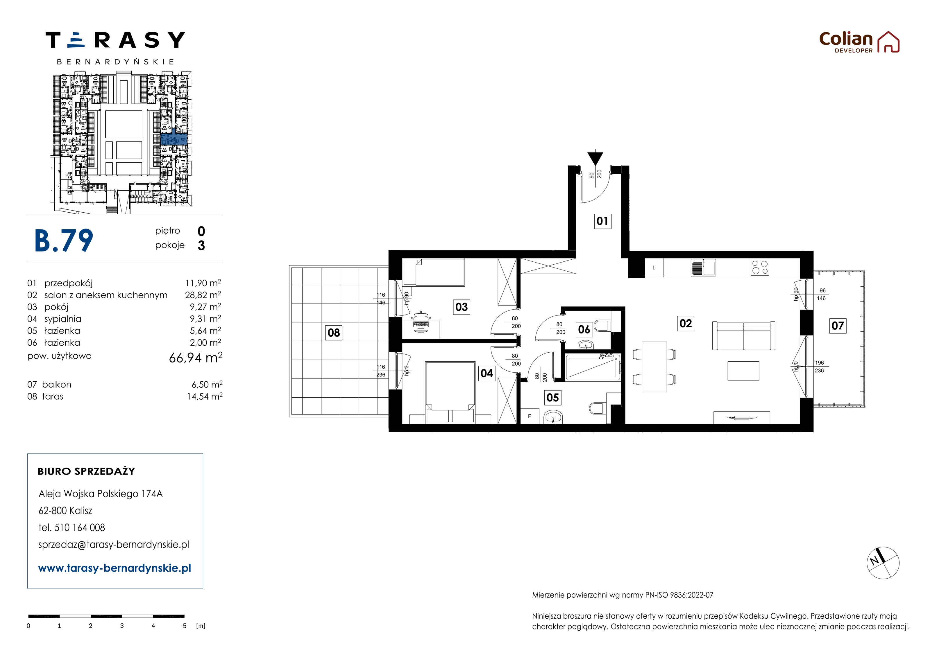 3 pokoje, mieszkanie 66,94 m², parter, oferta nr B.79, Tarasy Bernardyńskie, Kalisz, Śródmieście, ul. Kazimierza Mystkowskiego