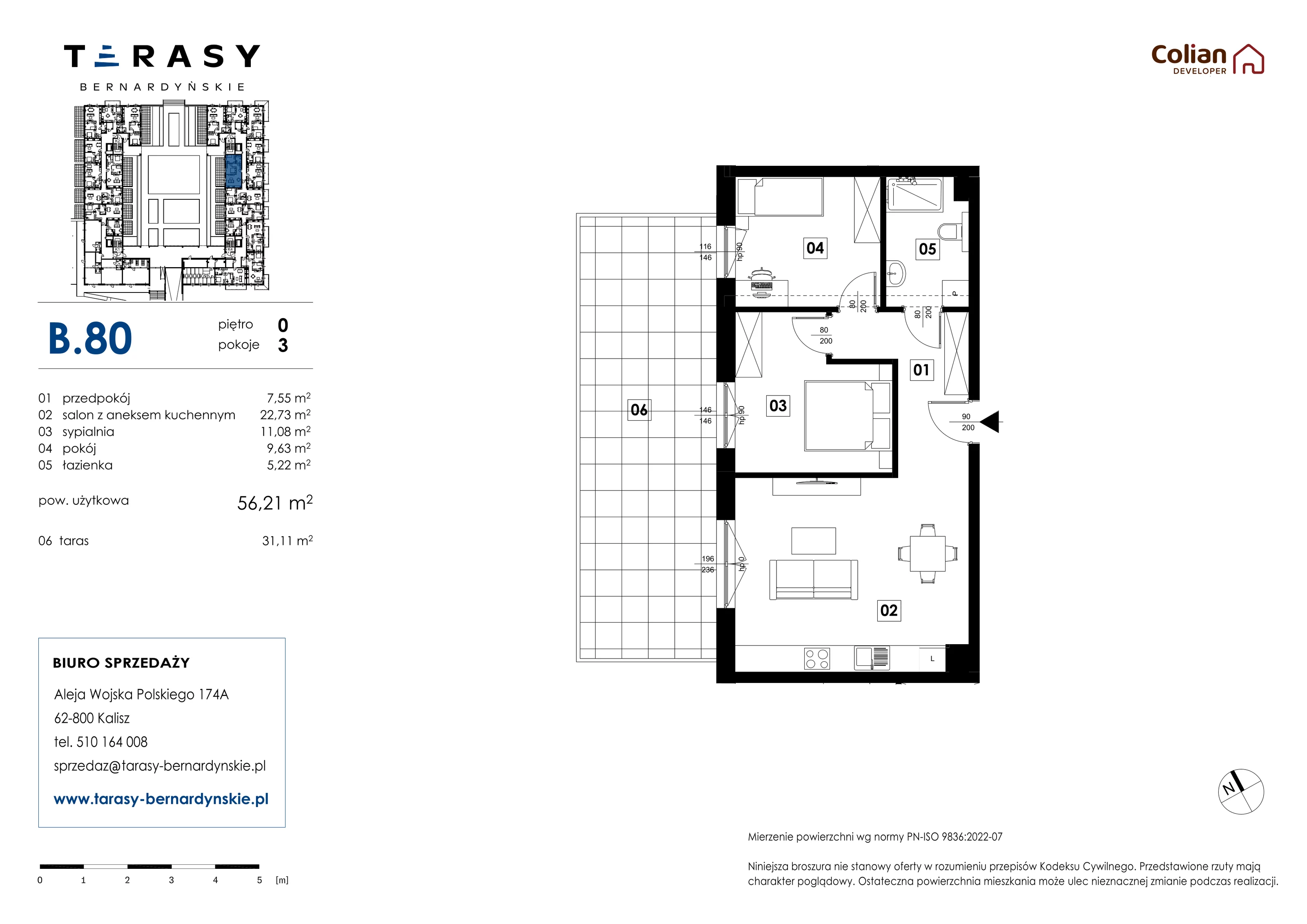 3 pokoje, mieszkanie 56,21 m², parter, oferta nr B.80, Tarasy Bernardyńskie, Kalisz, Śródmieście, ul. Kazimierza Mystkowskiego