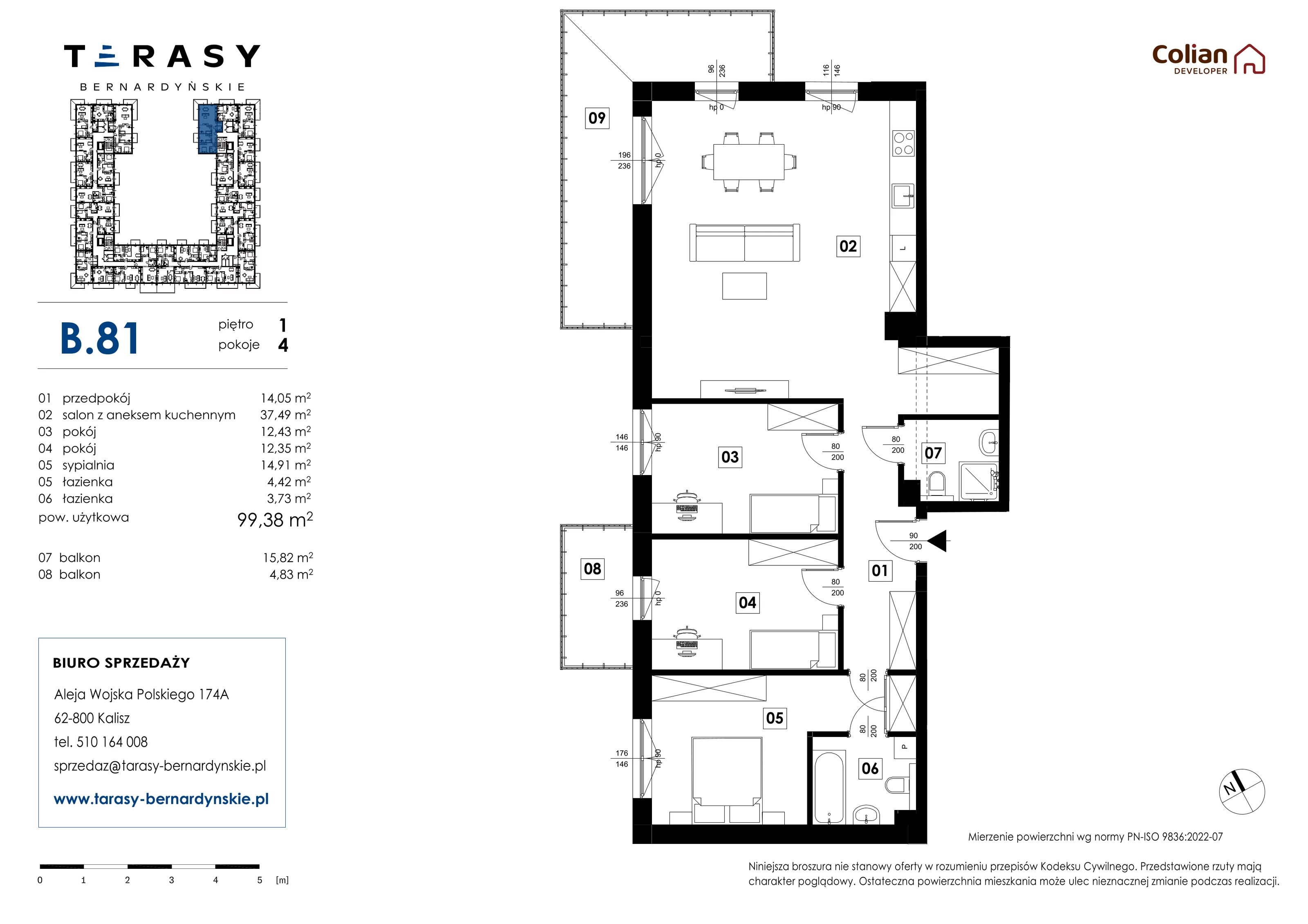 4 pokoje, mieszkanie 99,38 m², piętro 1, oferta nr B.81, Tarasy Bernardyńskie, Kalisz, Śródmieście, ul. Kazimierza Mystkowskiego