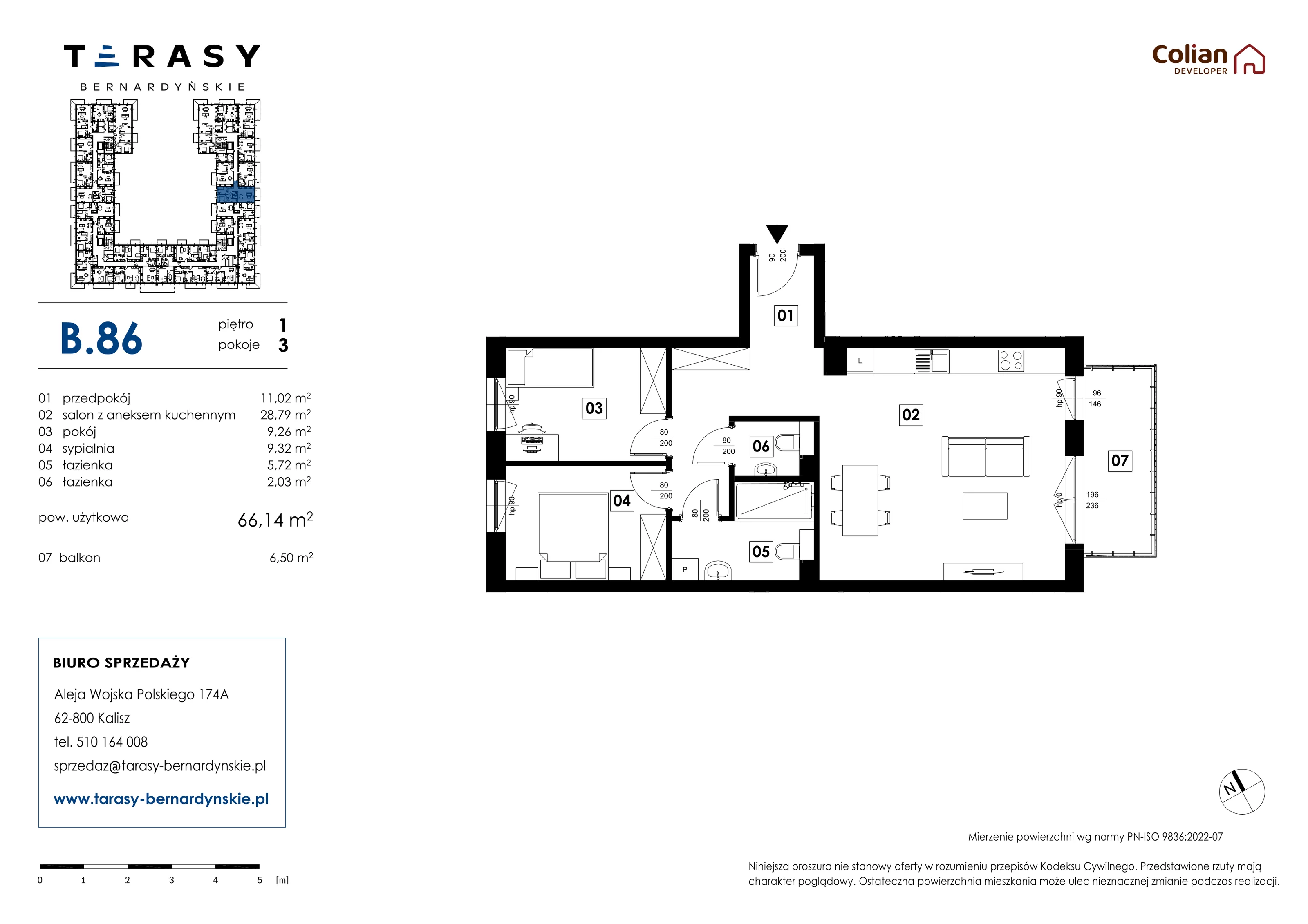 3 pokoje, mieszkanie 66,14 m², piętro 1, oferta nr B.86, Tarasy Bernardyńskie, Kalisz, Śródmieście, ul. Kazimierza Mystkowskiego