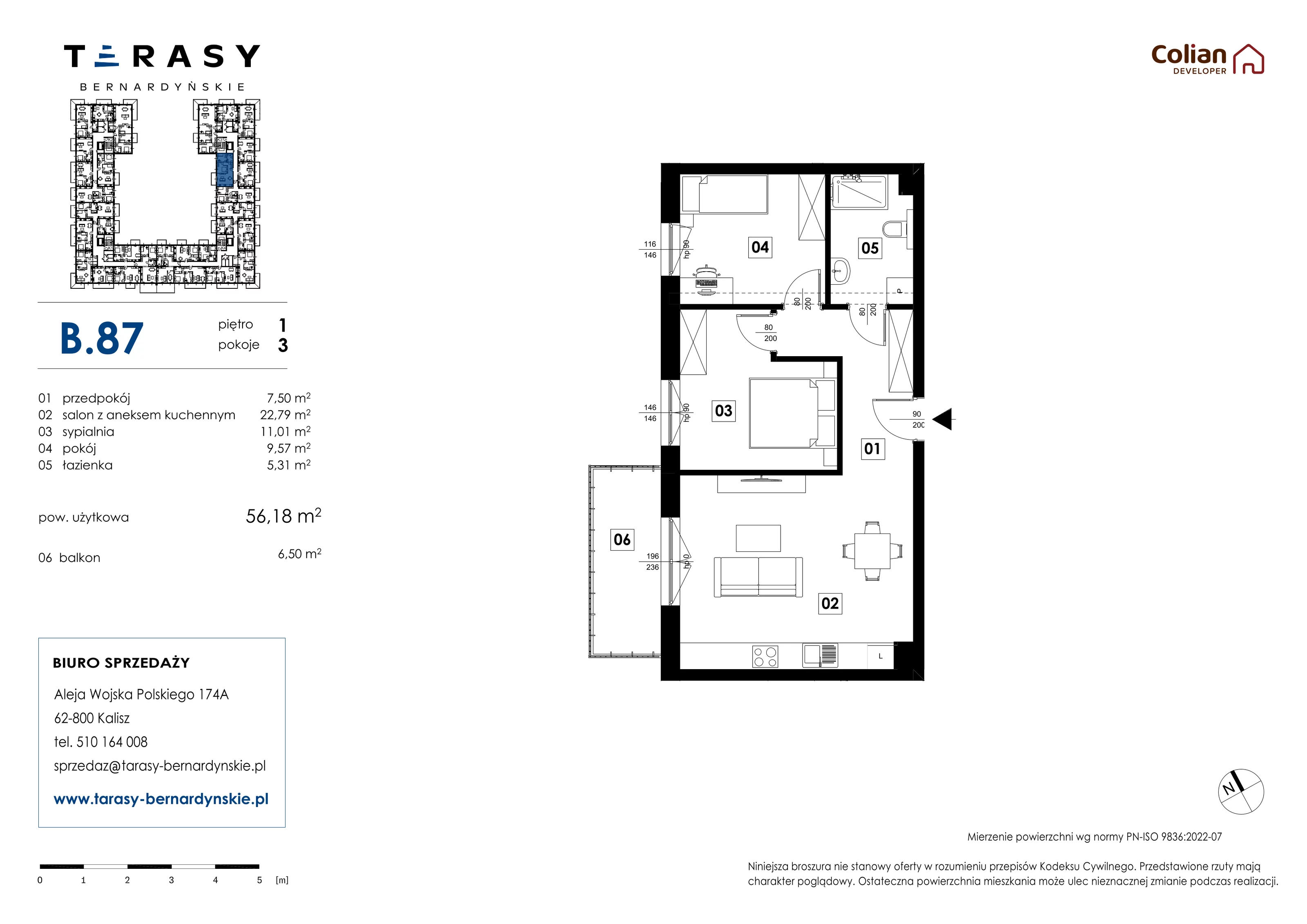 3 pokoje, mieszkanie 56,18 m², piętro 1, oferta nr B.87, Tarasy Bernardyńskie, Kalisz, Śródmieście, ul. Kazimierza Mystkowskiego