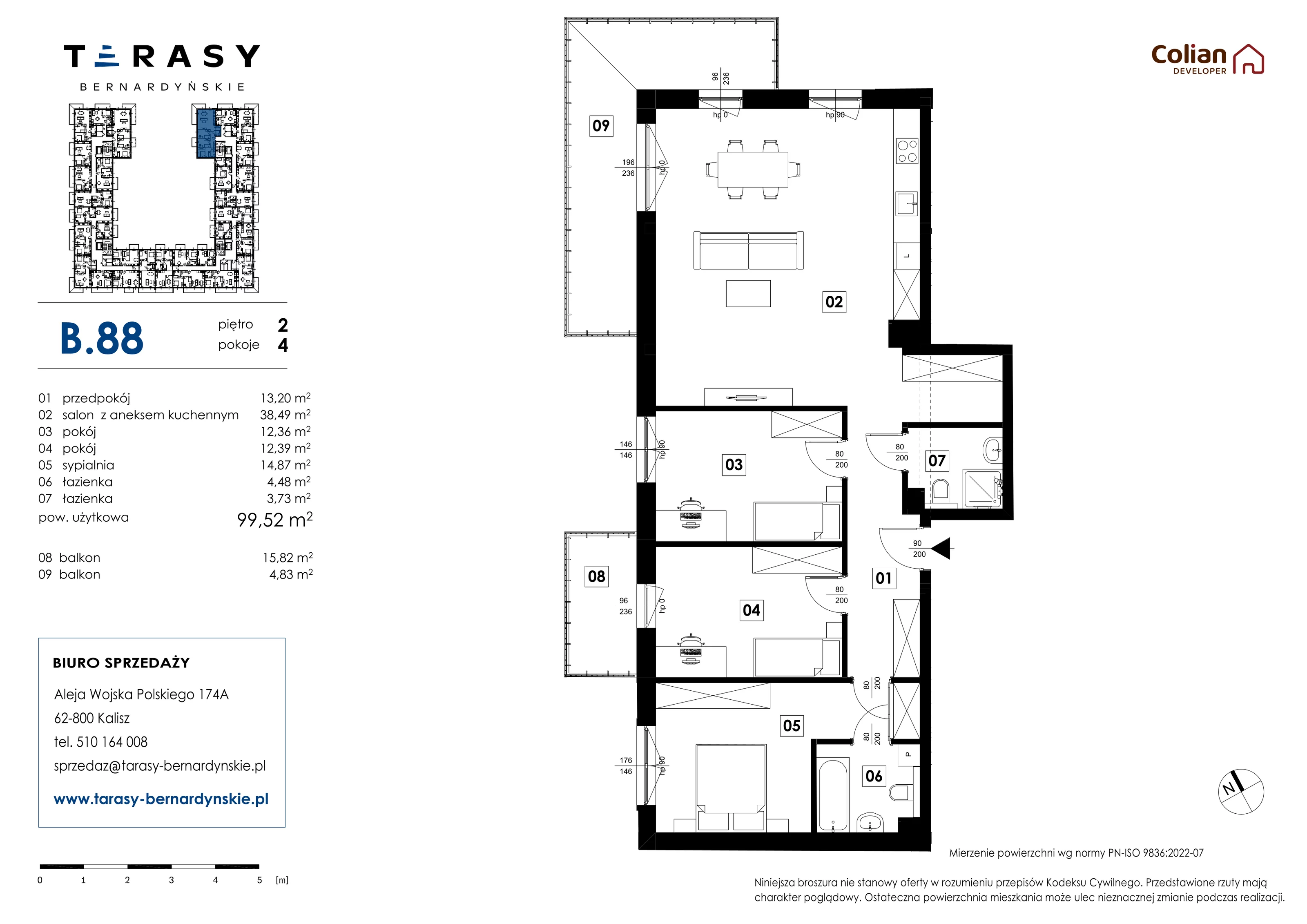 4 pokoje, mieszkanie 99,52 m², piętro 2, oferta nr B.88, Tarasy Bernardyńskie, Kalisz, Śródmieście, ul. Kazimierza Mystkowskiego