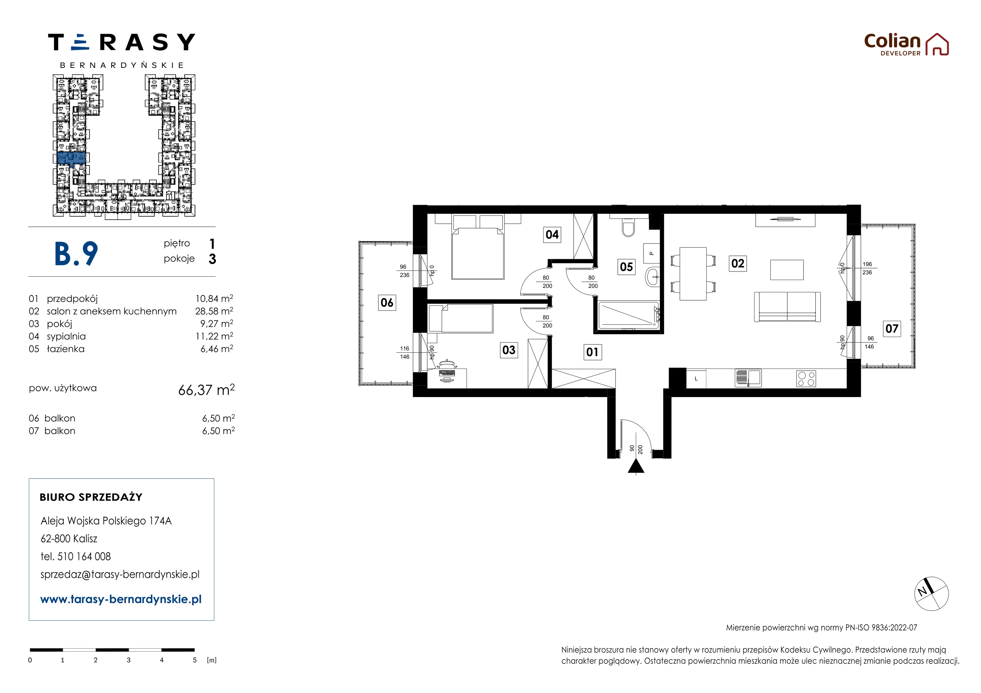 3 pokoje, mieszkanie 66,37 m², piętro 1, oferta nr B.9, Tarasy Bernardyńskie, Kalisz, Śródmieście, ul. Kazimierza Mystkowskiego