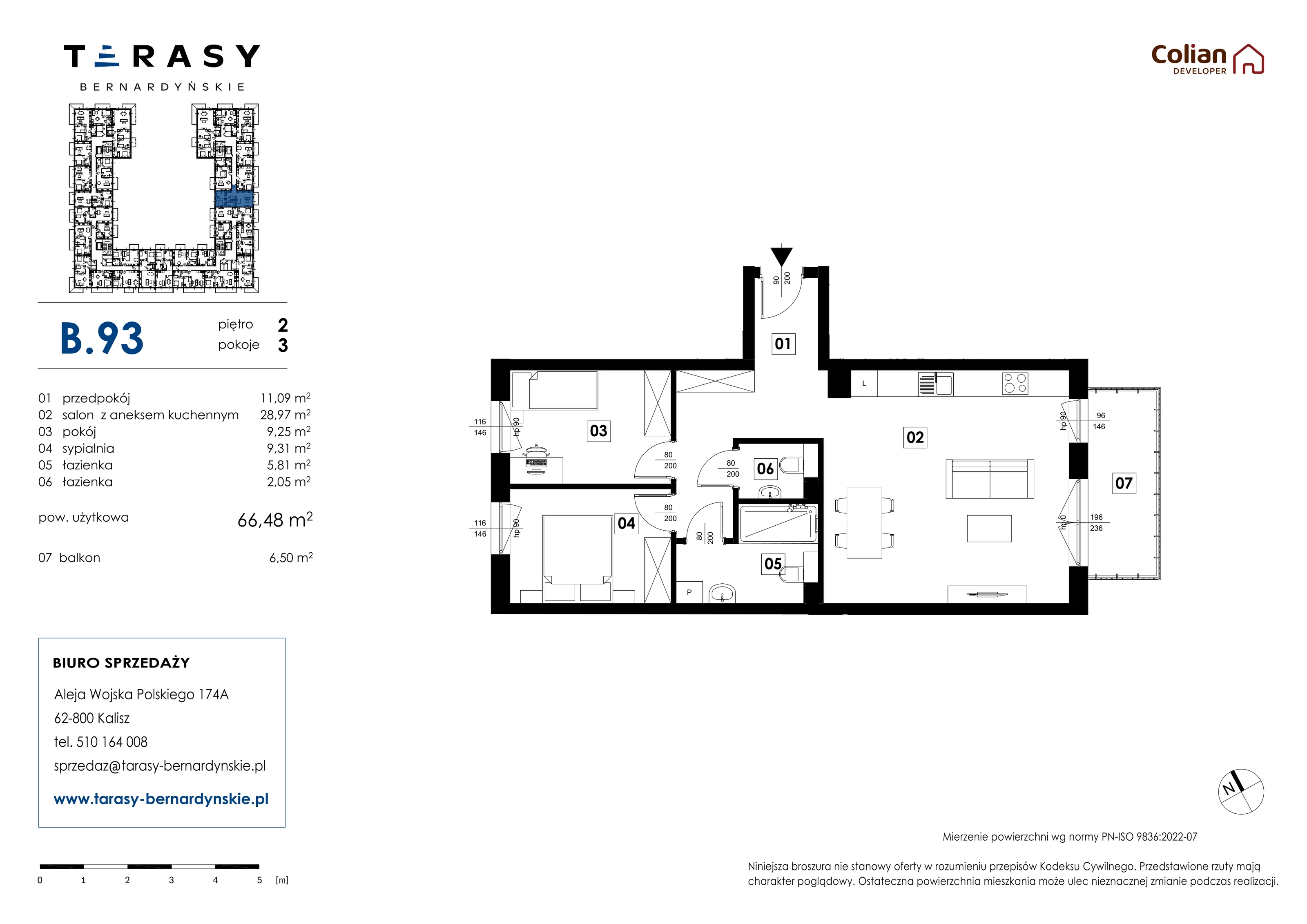 3 pokoje, mieszkanie 66,48 m², piętro 2, oferta nr B.93, Tarasy Bernardyńskie, Kalisz, Śródmieście, ul. Kazimierza Mystkowskiego