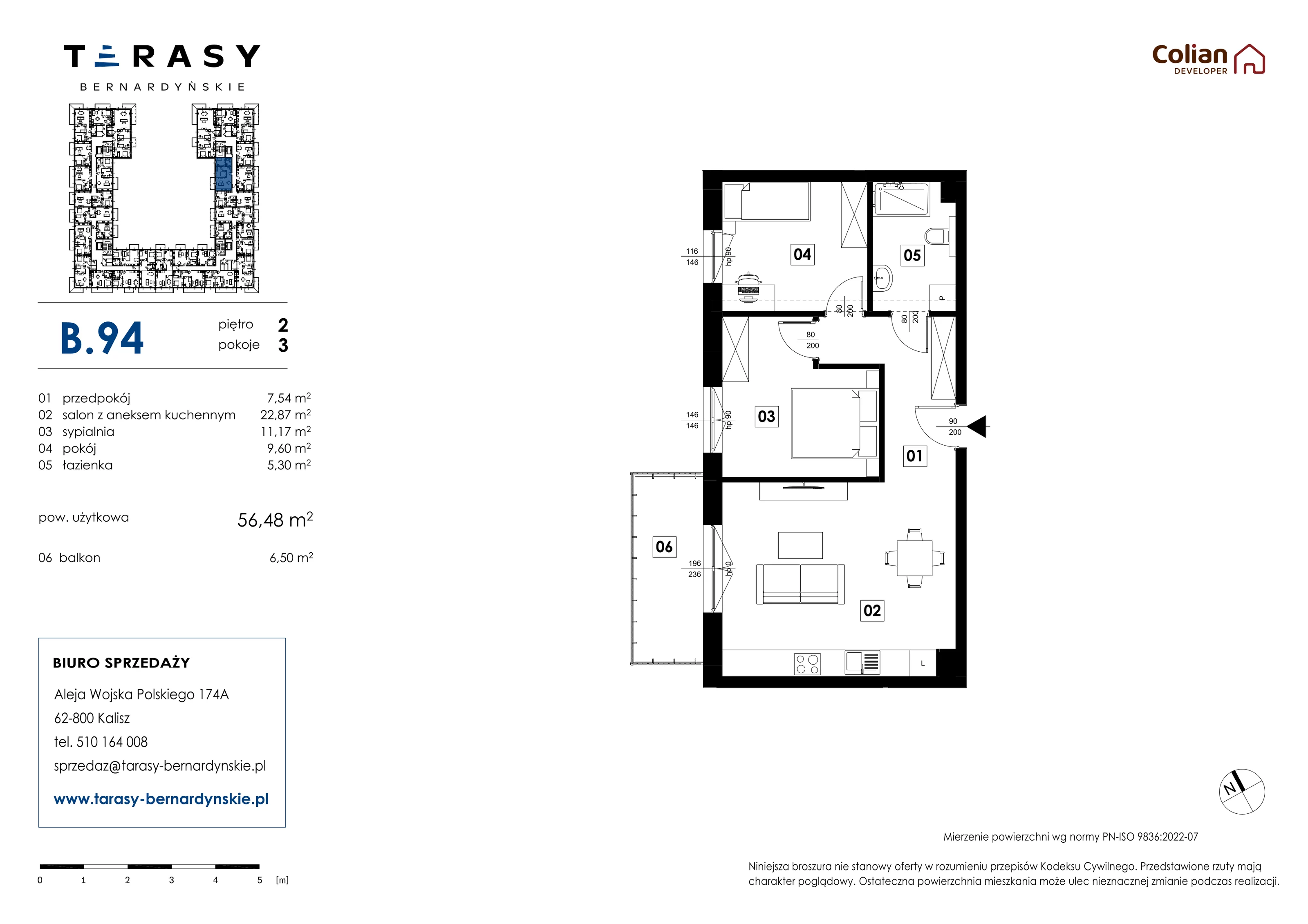 3 pokoje, mieszkanie 56,48 m², piętro 2, oferta nr B.94, Tarasy Bernardyńskie, Kalisz, Śródmieście, ul. Kazimierza Mystkowskiego