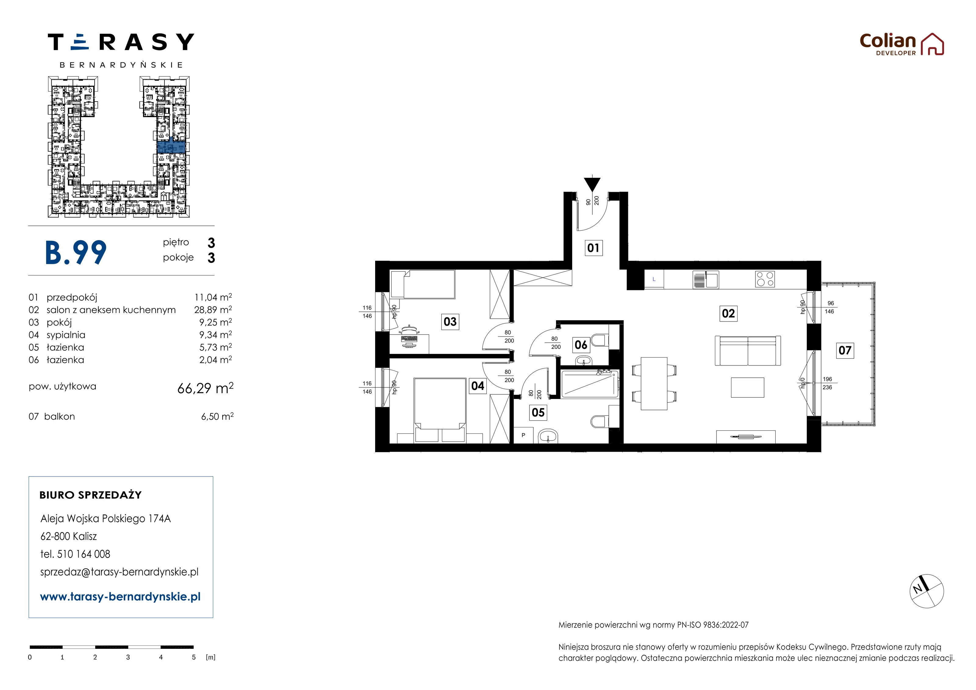 3 pokoje, mieszkanie 66,29 m², piętro 3, oferta nr B.99, Tarasy Bernardyńskie, Kalisz, Śródmieście, ul. Kazimierza Mystkowskiego