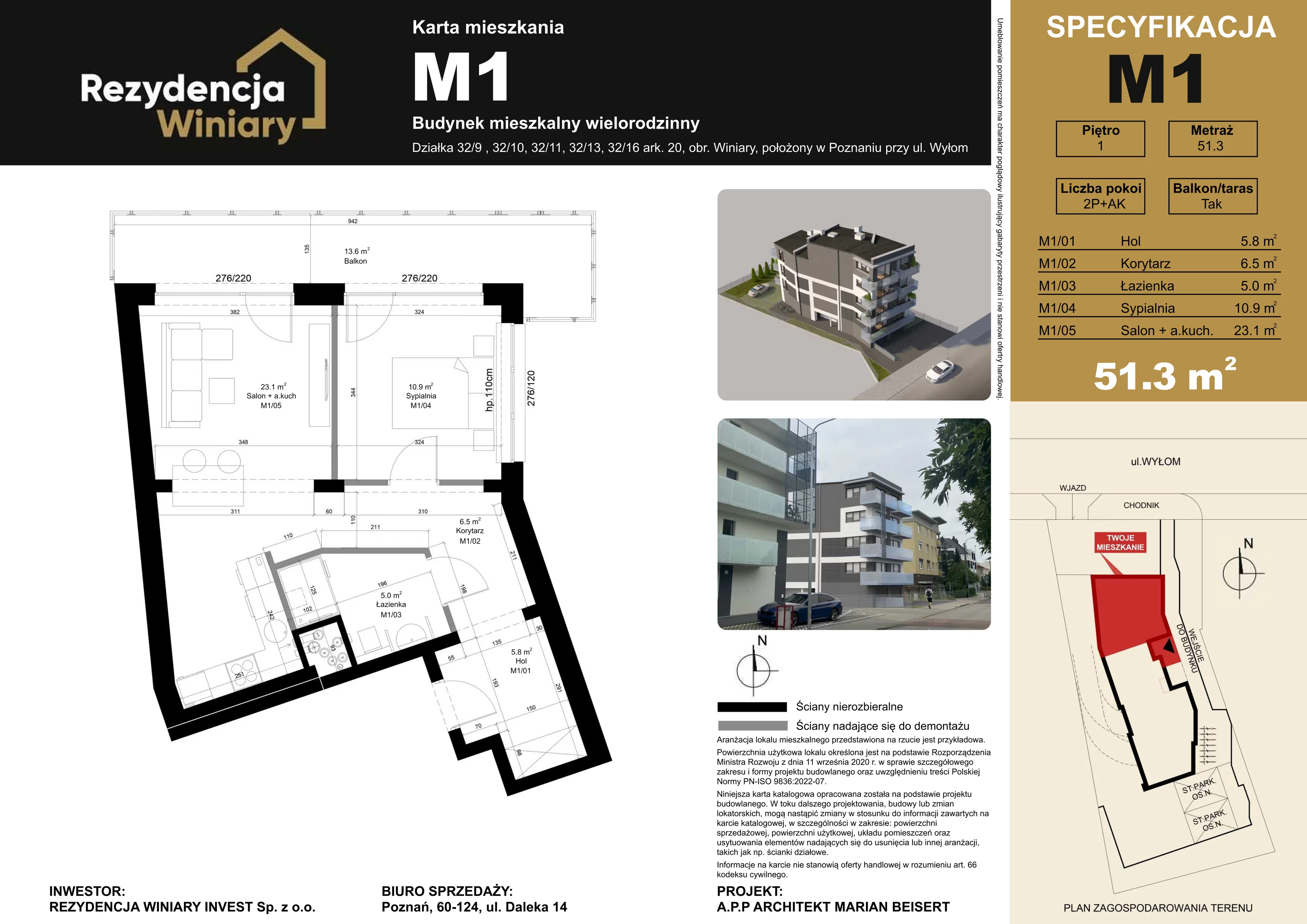 2 pokoje, mieszkanie 51,30 m², piętro 1, oferta nr M01, Rezydencja Winiary, Poznań, Winiary, Winiary, ul. Wyłom 6