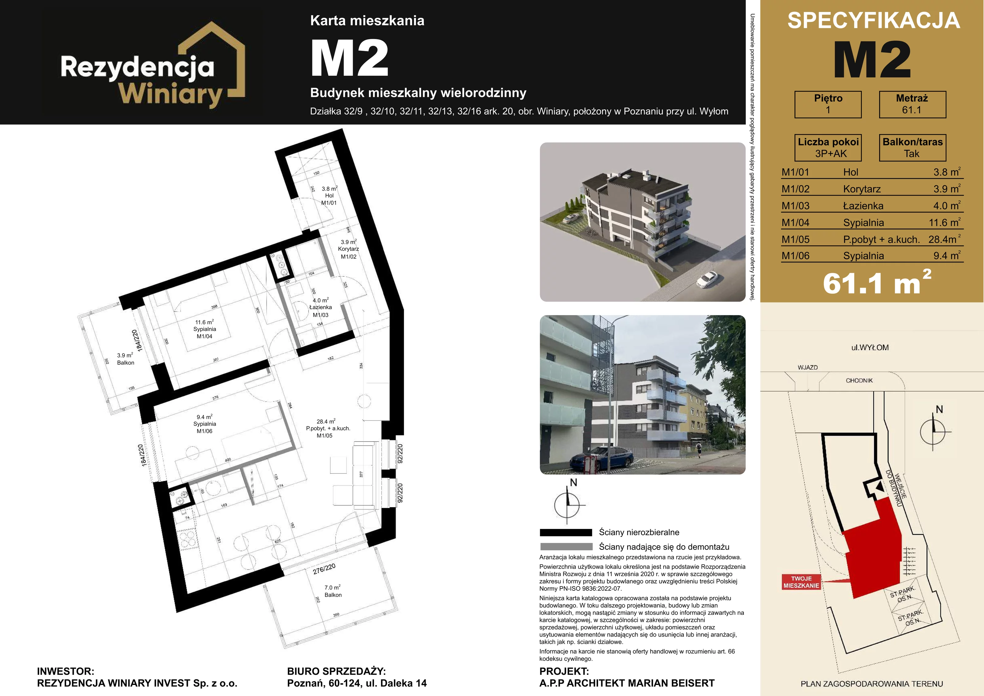 3 pokoje, mieszkanie 61,10 m², piętro 1, oferta nr M02, Rezydencja Winiary, Poznań, Winiary, Winiary, ul. Wyłom 6