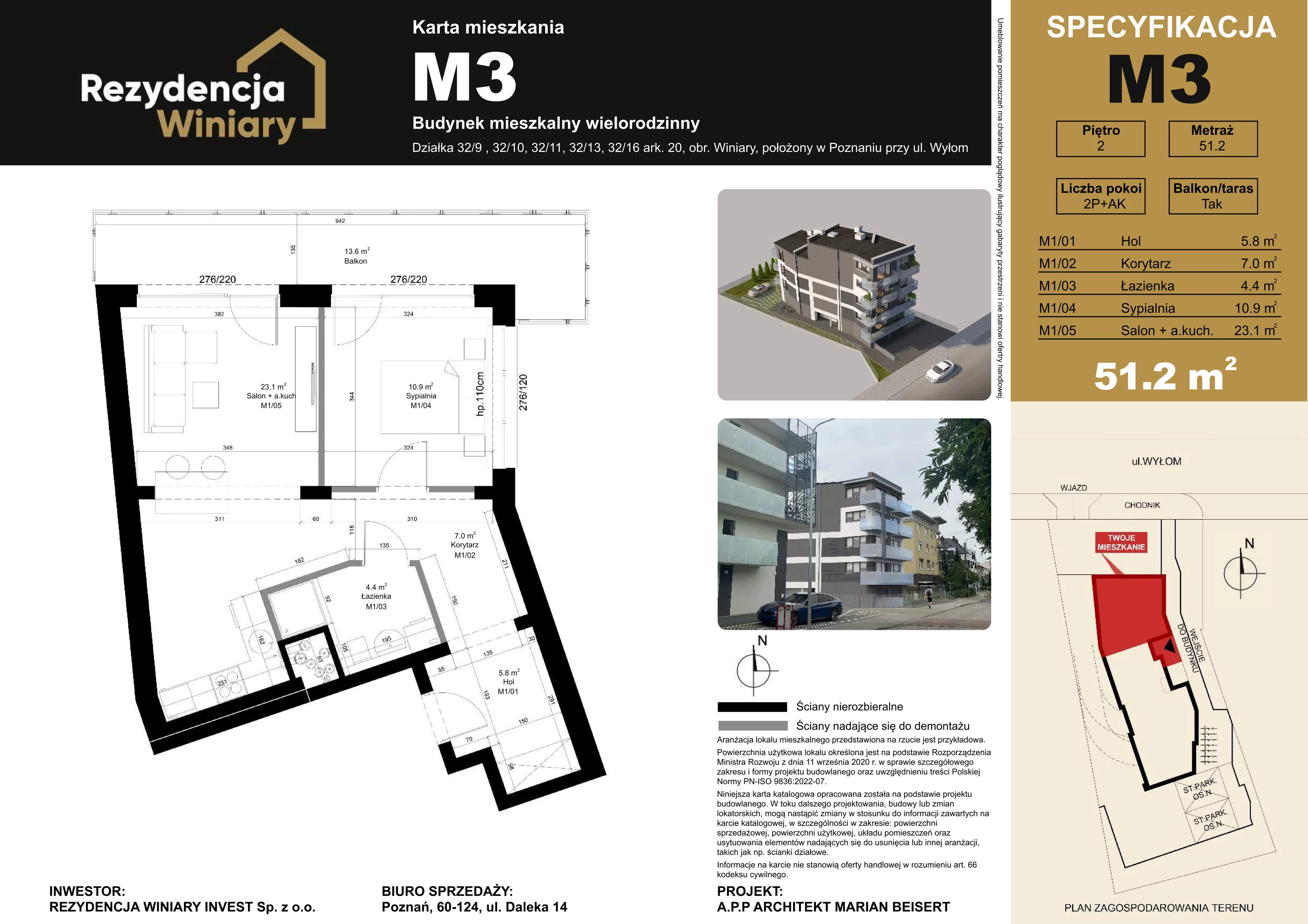 2 pokoje, mieszkanie 51,20 m², piętro 2, oferta nr M03, Rezydencja Winiary, Poznań, Winiary, Winiary, ul. Wyłom 6