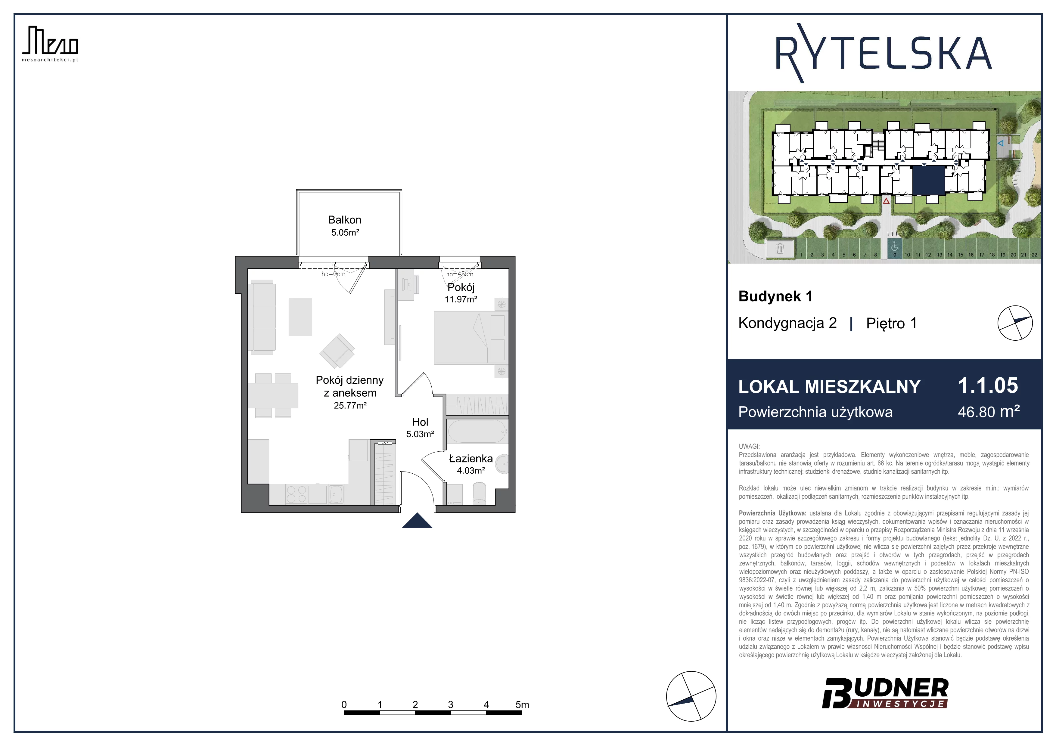2 pokoje, mieszkanie 46,80 m², piętro 1, oferta nr 1.1.05, Rytelska, Gdańsk, Orunia-Św. Wojciech-Lipce, ul. Rytelska
