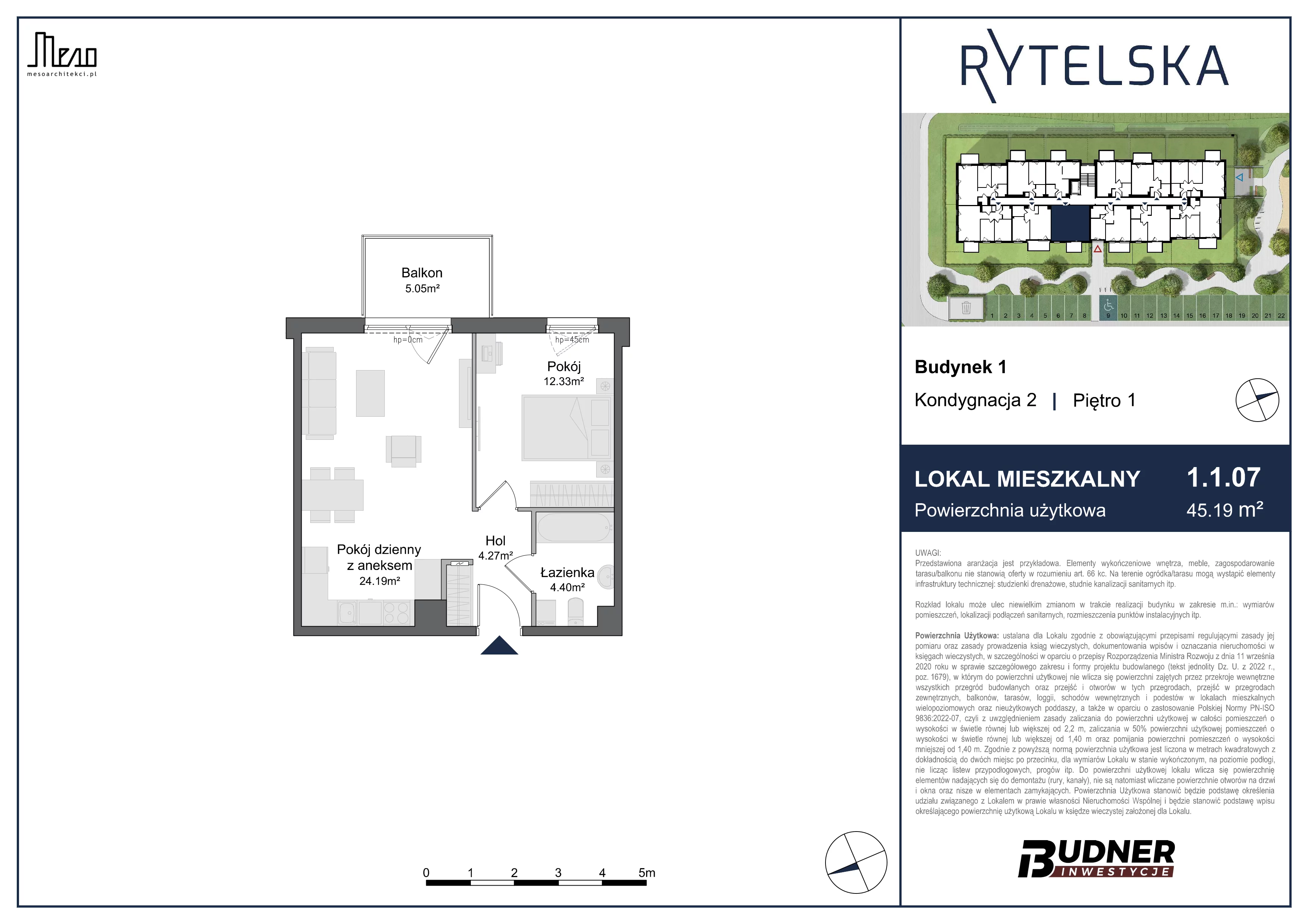 2 pokoje, mieszkanie 45,19 m², piętro 1, oferta nr 1.1.07, Rytelska, Gdańsk, Orunia-Św. Wojciech-Lipce, ul. Rytelska