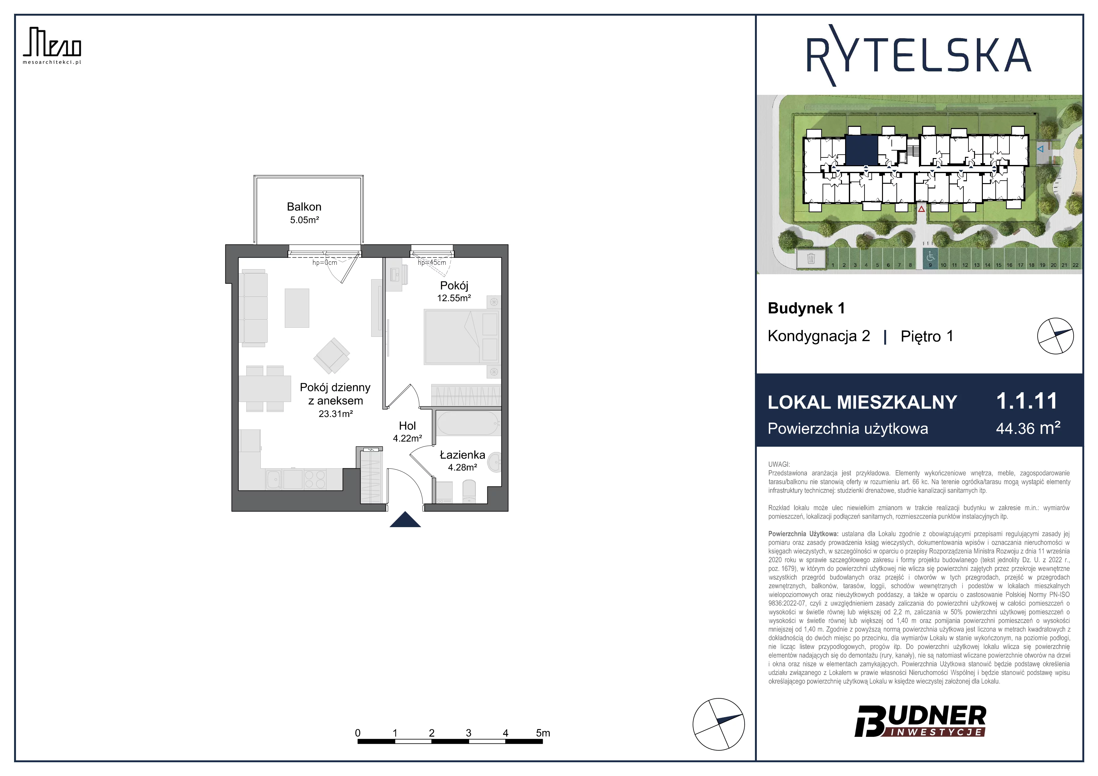 2 pokoje, mieszkanie 44,36 m², piętro 1, oferta nr 1.1.11, Rytelska, Gdańsk, Orunia-Św. Wojciech-Lipce, ul. Rytelska