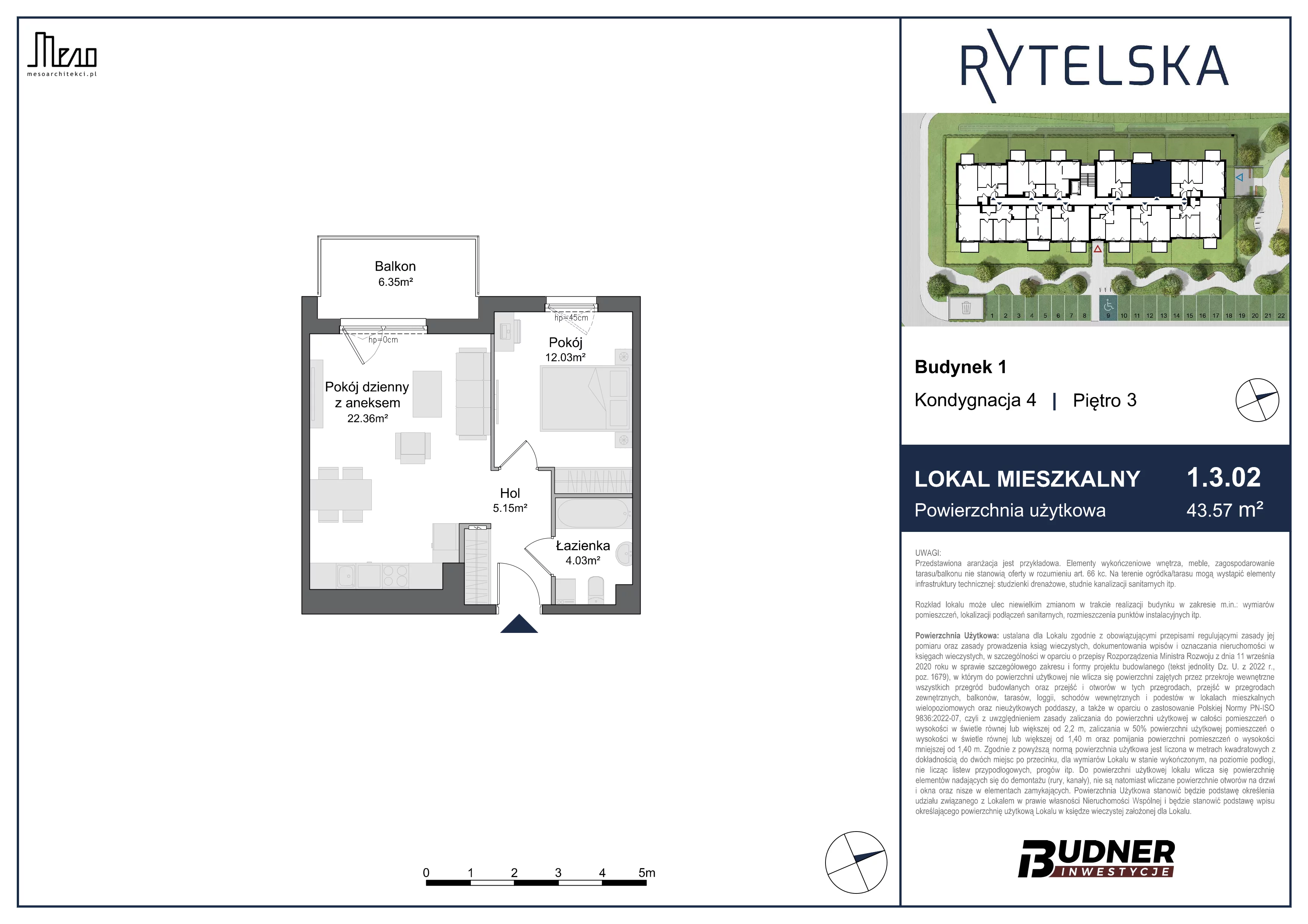 2 pokoje, mieszkanie 43,57 m², piętro 3, oferta nr 1.3.02, Rytelska, Gdańsk, Orunia-Św. Wojciech-Lipce, ul. Rytelska