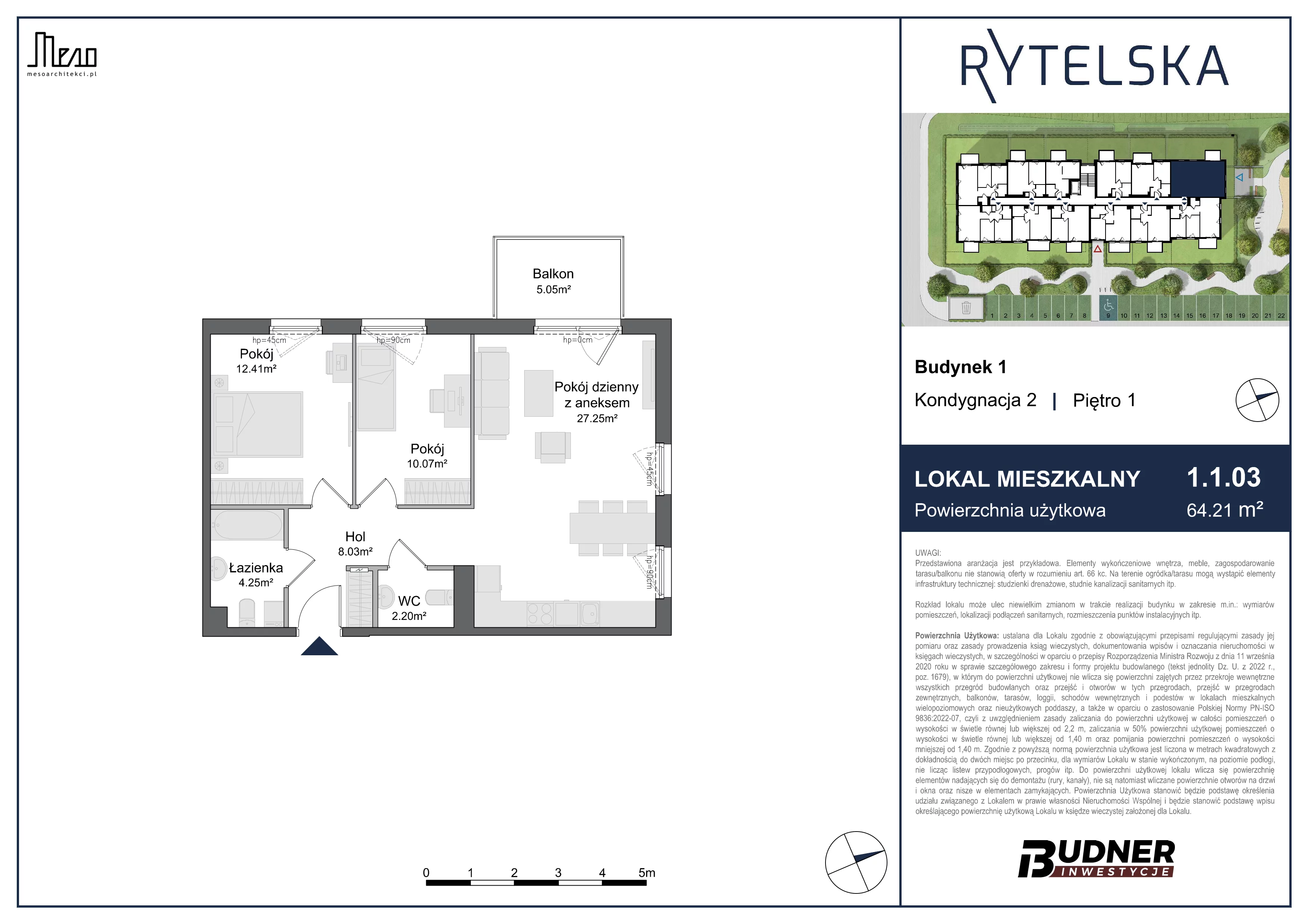 3 pokoje, mieszkanie 64,21 m², piętro 1, oferta nr 1.1.03, Rytelska, Gdańsk, Orunia-Św. Wojciech-Lipce, ul. Rytelska