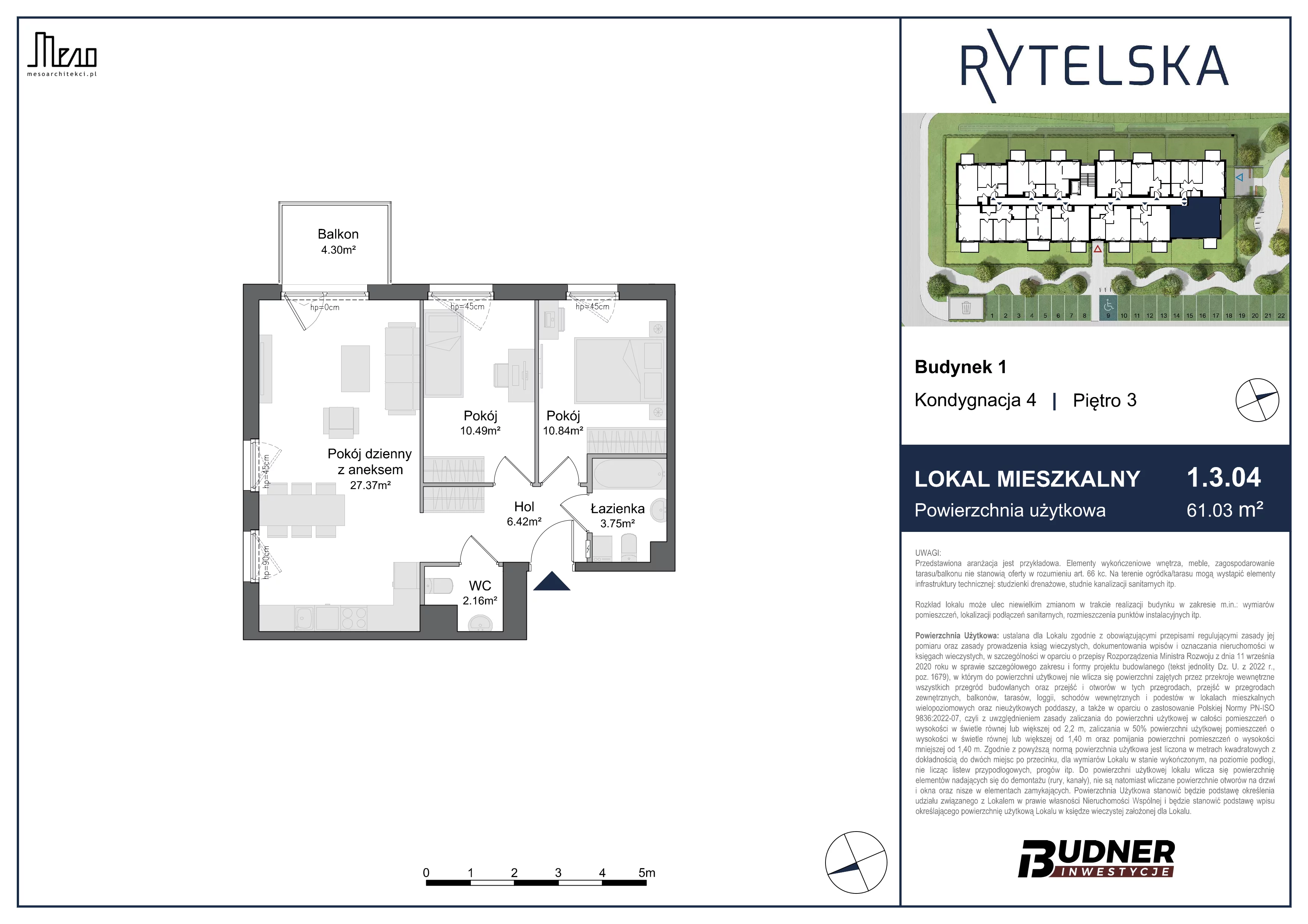 3 pokoje, mieszkanie 61,03 m², piętro 3, oferta nr 1.3.04, Rytelska, Gdańsk, Orunia-Św. Wojciech-Lipce, ul. Rytelska