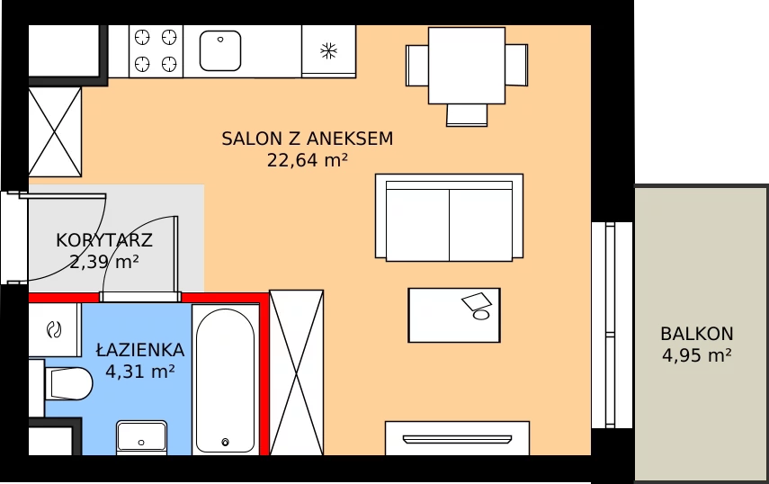 Zalety mieszkania 29.34 m², A72
