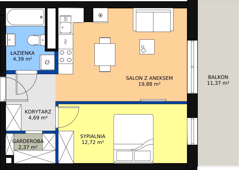 Zalety mieszkania 45.57 m², A.1.2
