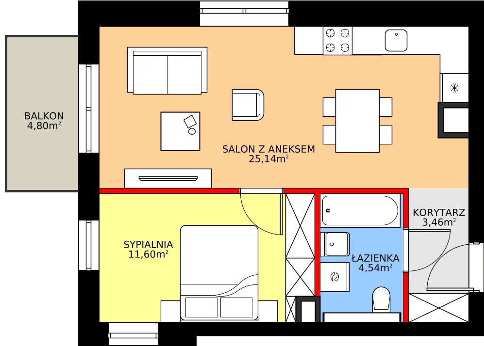 Zalety mieszkania 44.74 m², B/1/1
