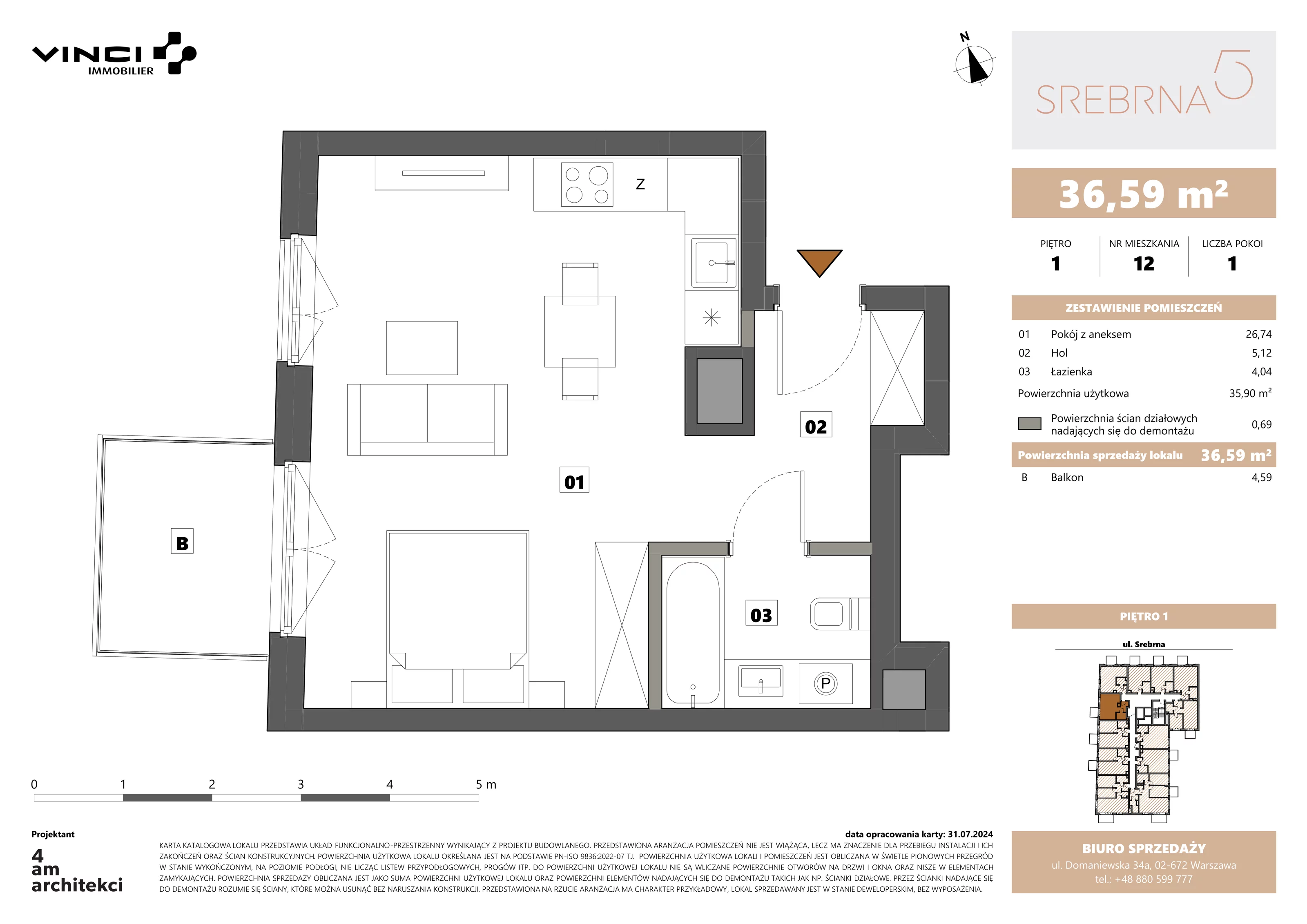 1 pokój, apartament 36,59 m², piętro 1, oferta nr 12, Srebrna 5, Warszawa, Wola, Mirów, ul. Srebrna 5