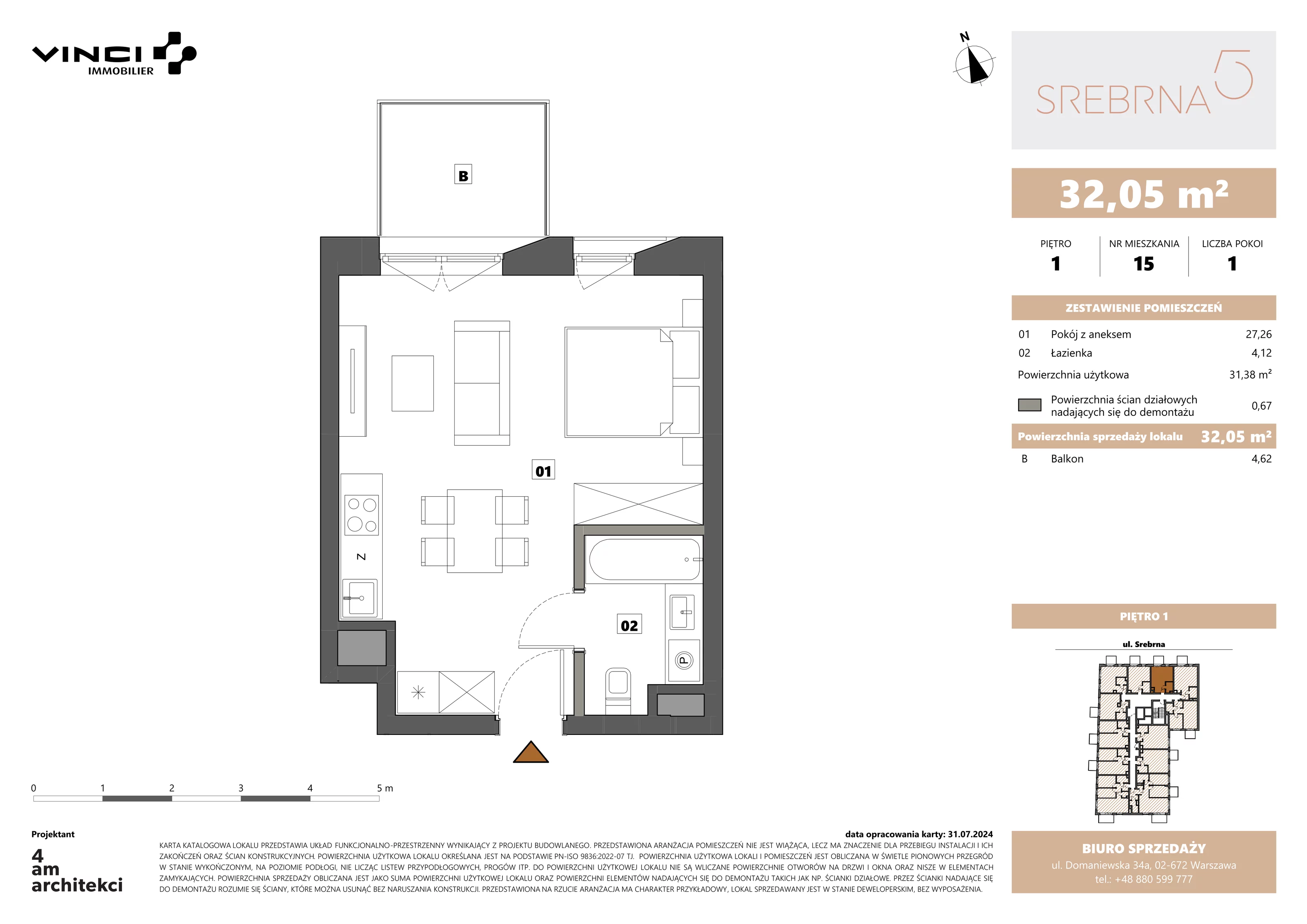 1 pokój, apartament 32,05 m², piętro 1, oferta nr 15, Srebrna 5, Warszawa, Wola, Mirów, ul. Srebrna 5