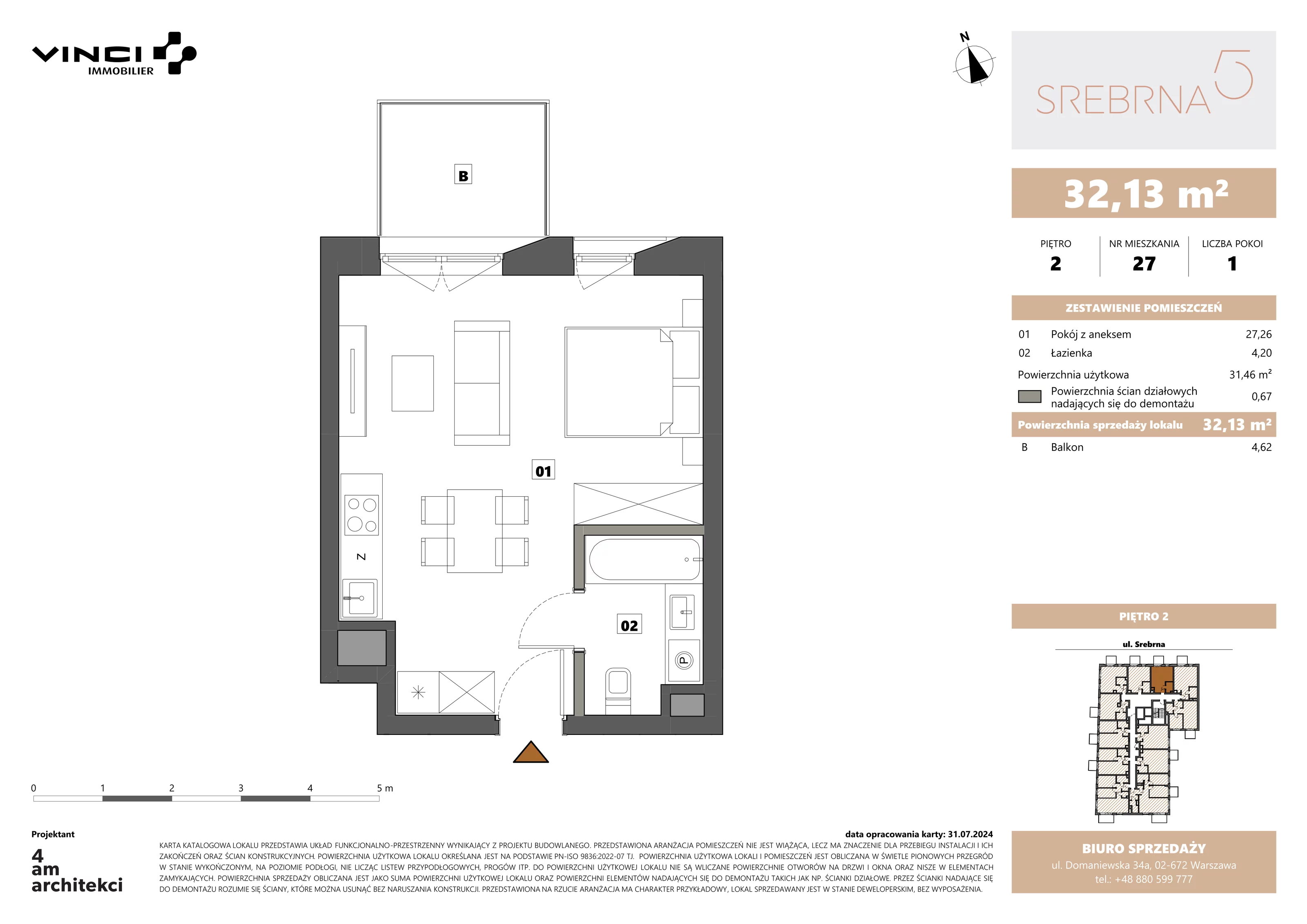 1 pokój, apartament 32,13 m², piętro 2, oferta nr 27, Srebrna 5, Warszawa, Wola, Mirów, ul. Srebrna 5