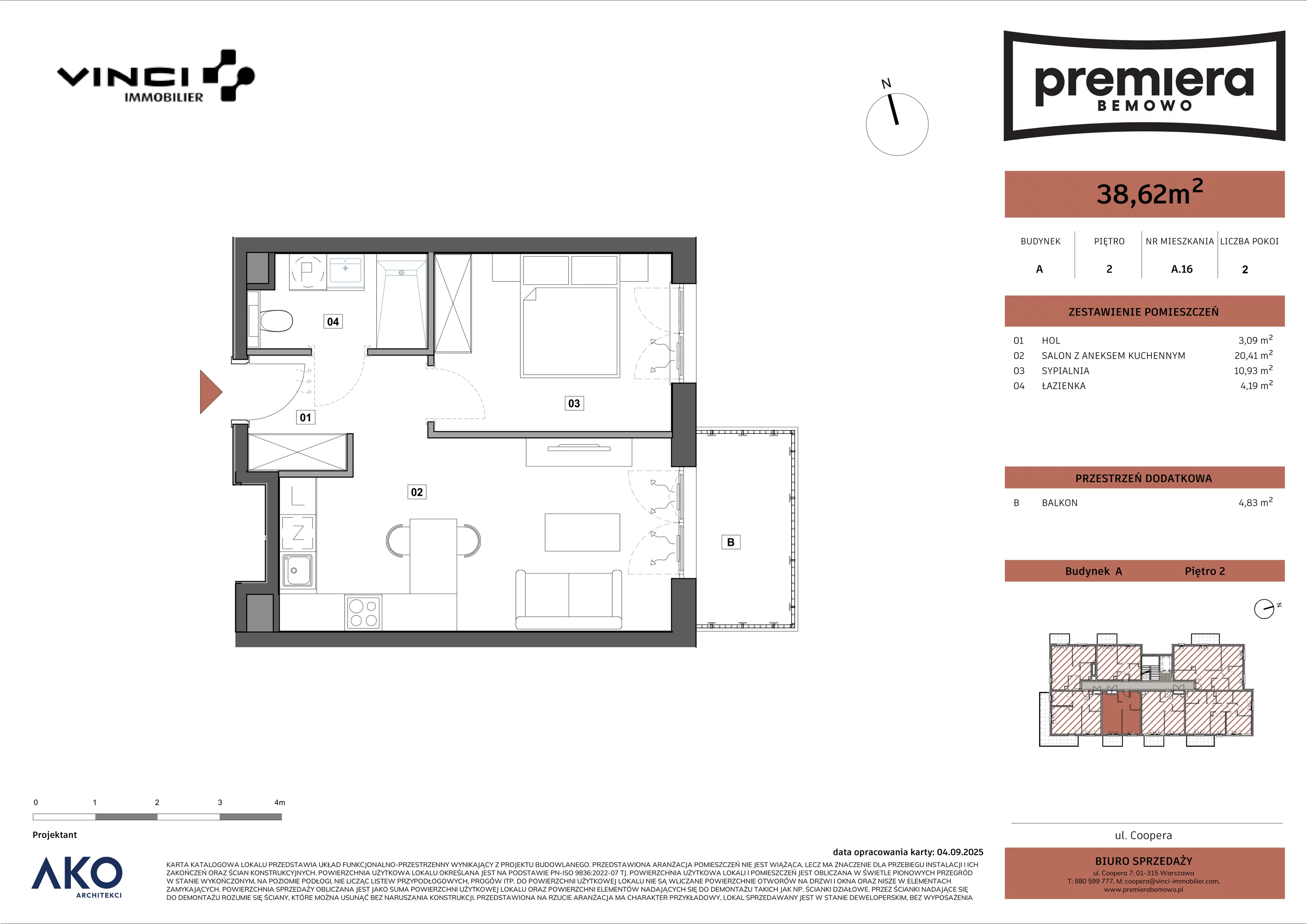 2 pokoje, mieszkanie 38,62 m², piętro 2, oferta nr A.16, Premiera Bemowo, Warszawa, Bemowo, Chrzanów, u. Coopera 5-7