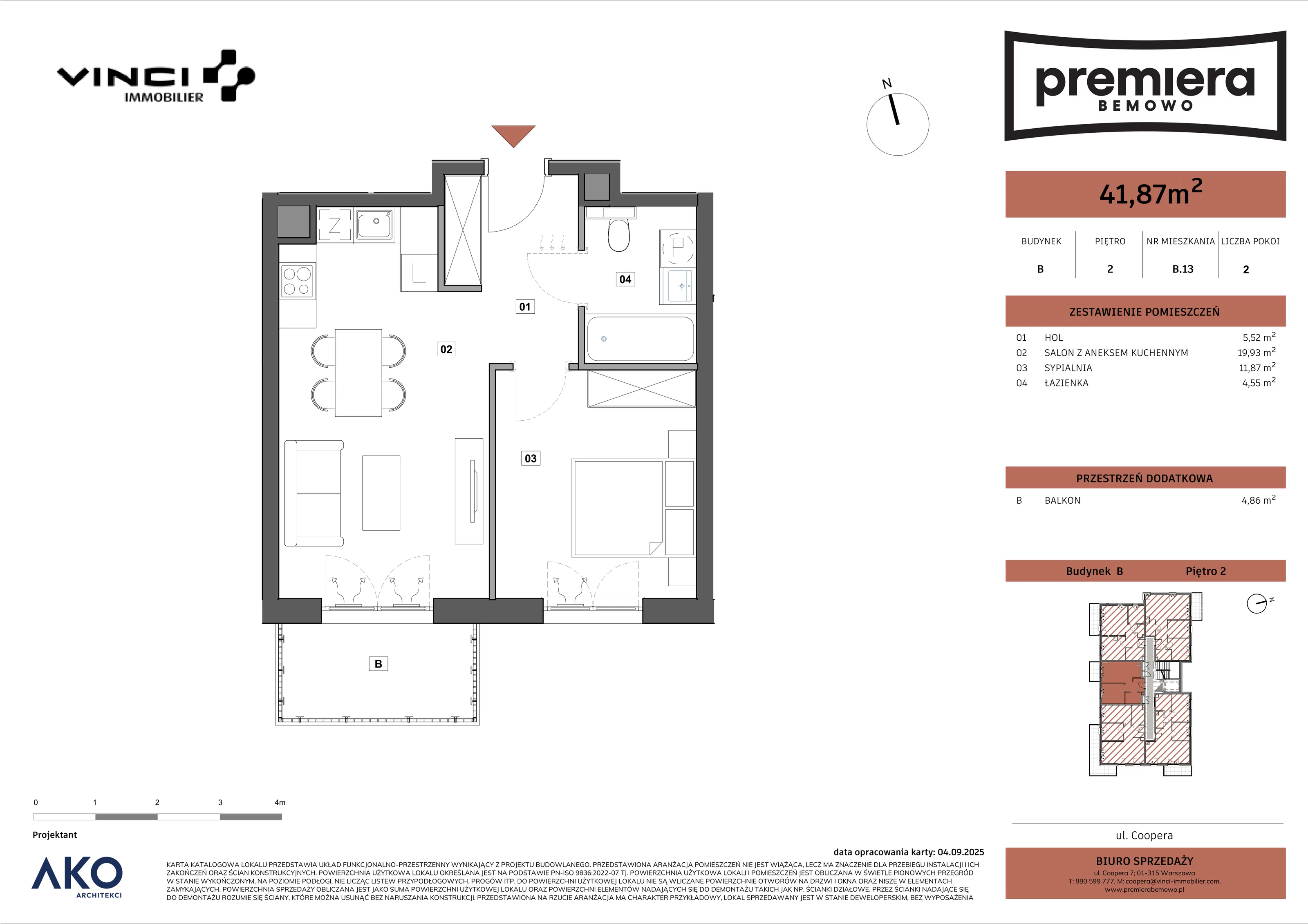 2 pokoje, mieszkanie 41,87 m², piętro 2, oferta nr B.13, Premiera Bemowo, Warszawa, Bemowo, Chrzanów, u. Coopera 5-7