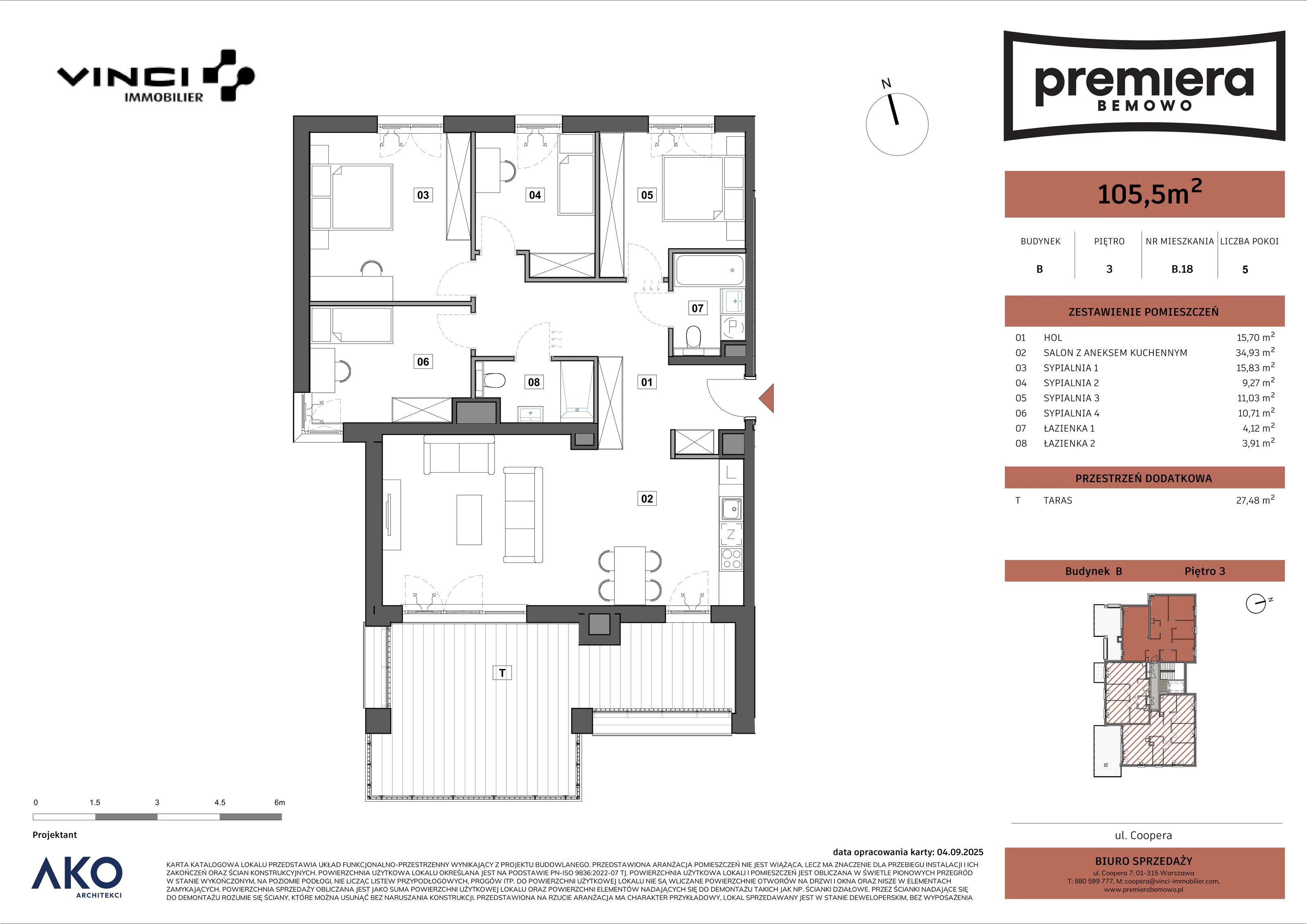 5 pokoi, mieszkanie 105,50 m², piętro 3, oferta nr B.18, Premiera Bemowo, Warszawa, Bemowo, Chrzanów, u. Coopera 5-7
