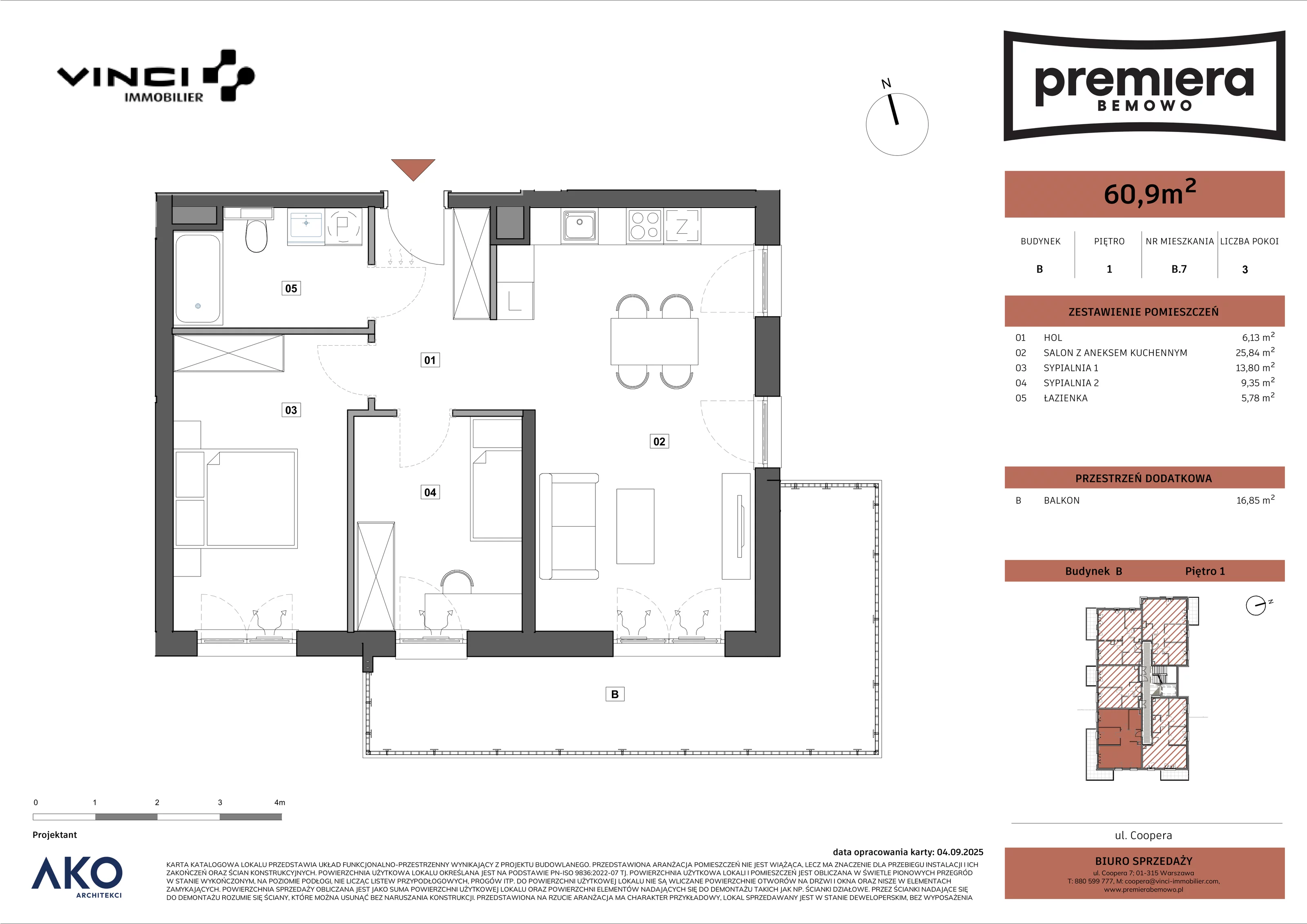 3 pokoje, mieszkanie 60,90 m², piętro 1, oferta nr B.7, Premiera Bemowo, Warszawa, Bemowo, Chrzanów, u. Coopera 5-7