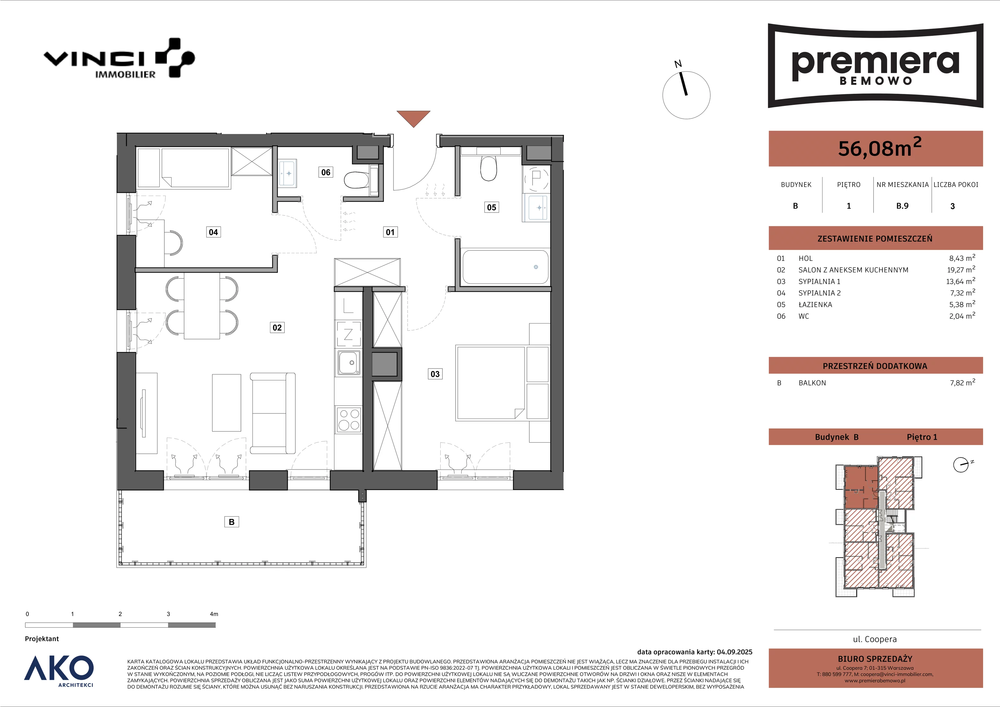 3 pokoje, mieszkanie 56,08 m², piętro 1, oferta nr B.9, Premiera Bemowo, Warszawa, Bemowo, Chrzanów, u. Coopera 5-7