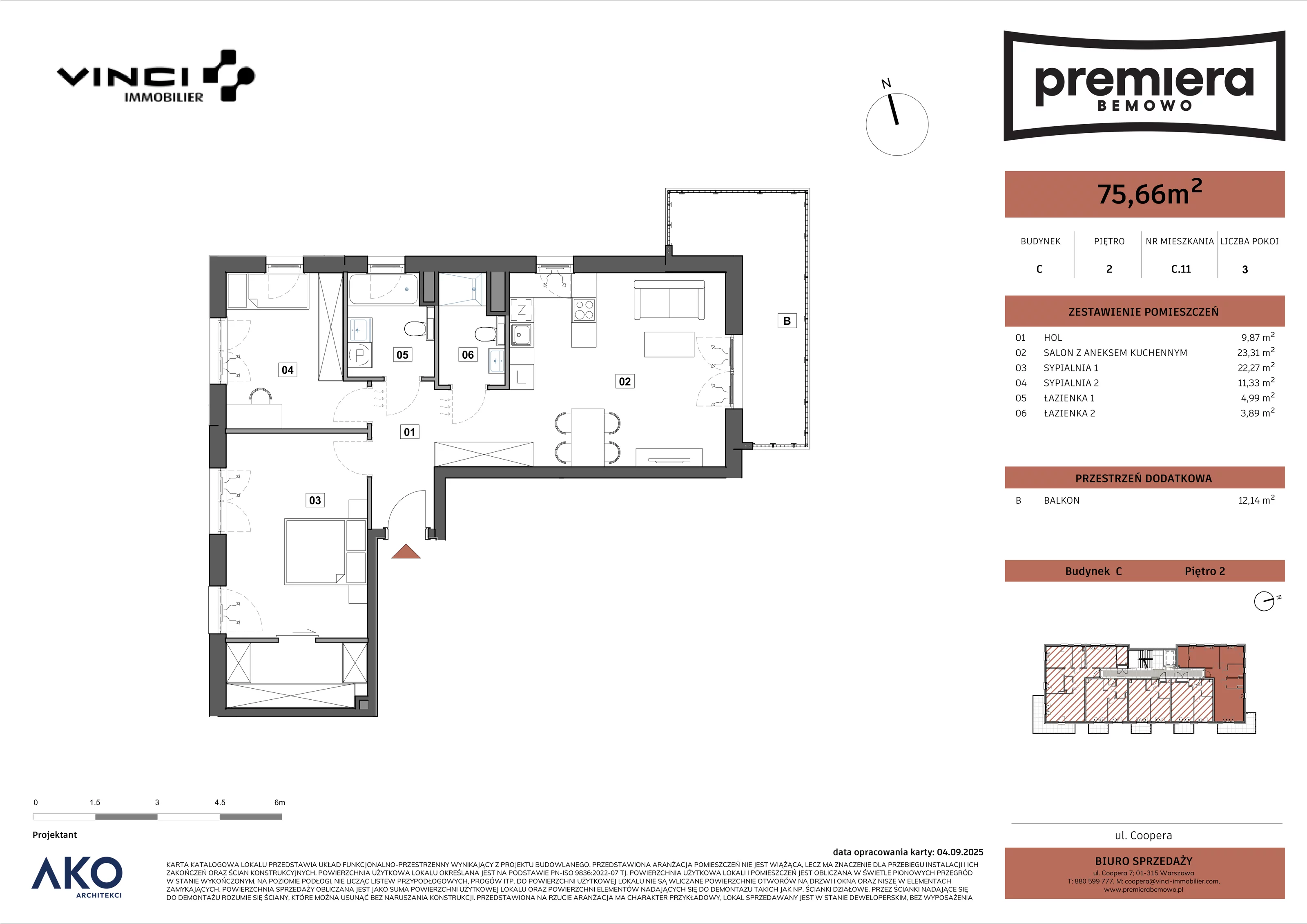 3 pokoje, mieszkanie 75,66 m², piętro 2, oferta nr C.11, Premiera Bemowo, Warszawa, Bemowo, Chrzanów, u. Coopera 5-7